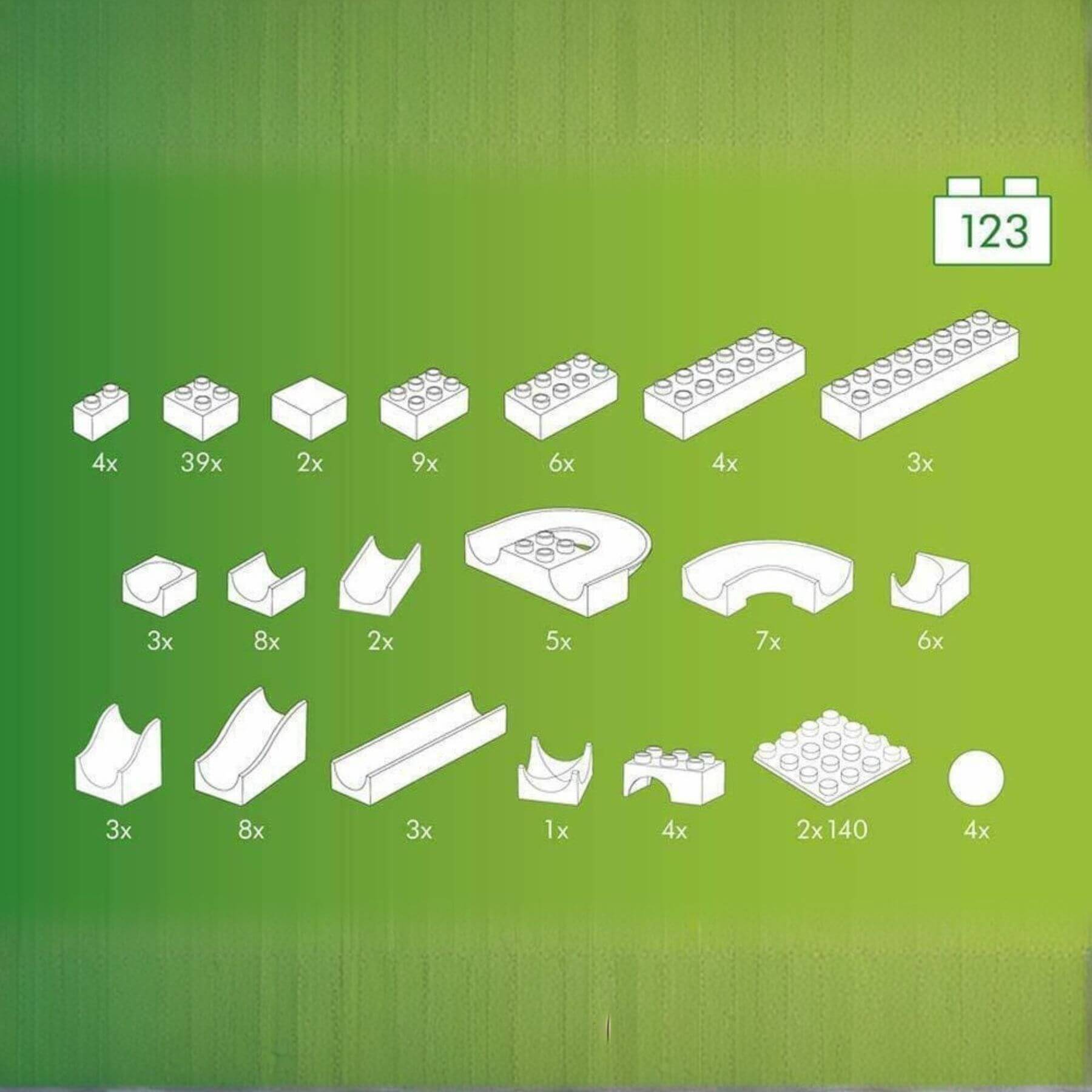 Set of building block pieces on a green background with numbers indicating quantity.