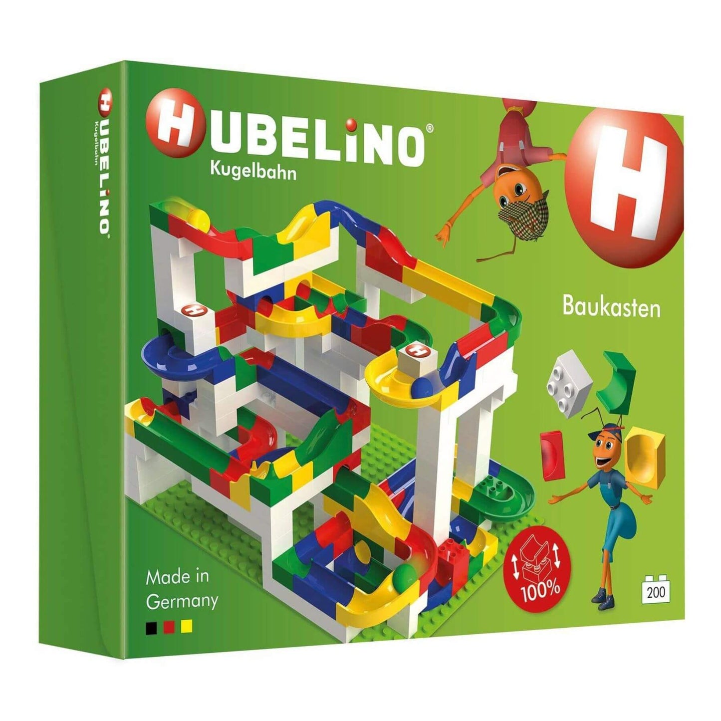 Hubelino toy packaging with colorful marble run tracks on a green background