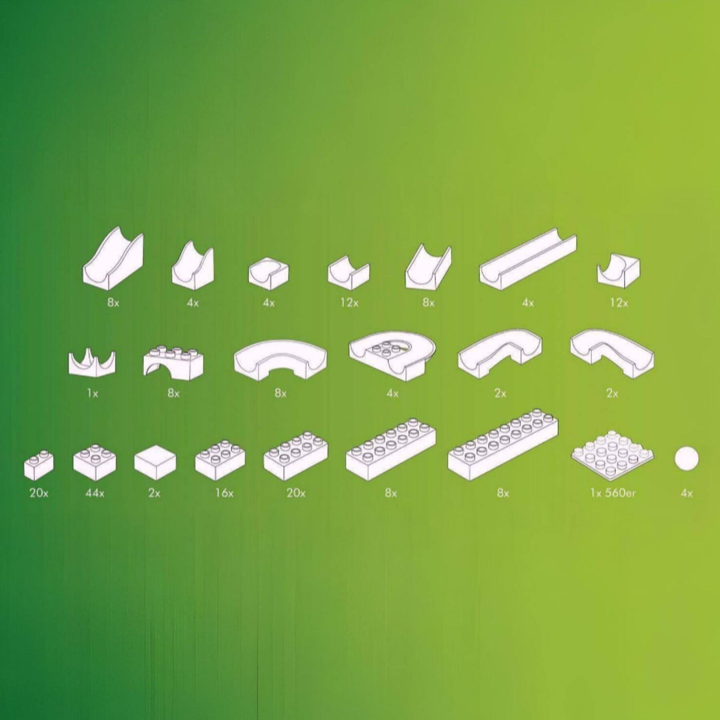 Set of white building block pieces on a green gradient background