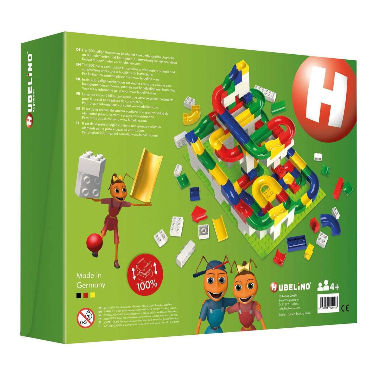 Ubelino toy packaging with colorful building blocks and character illustrations on a green background