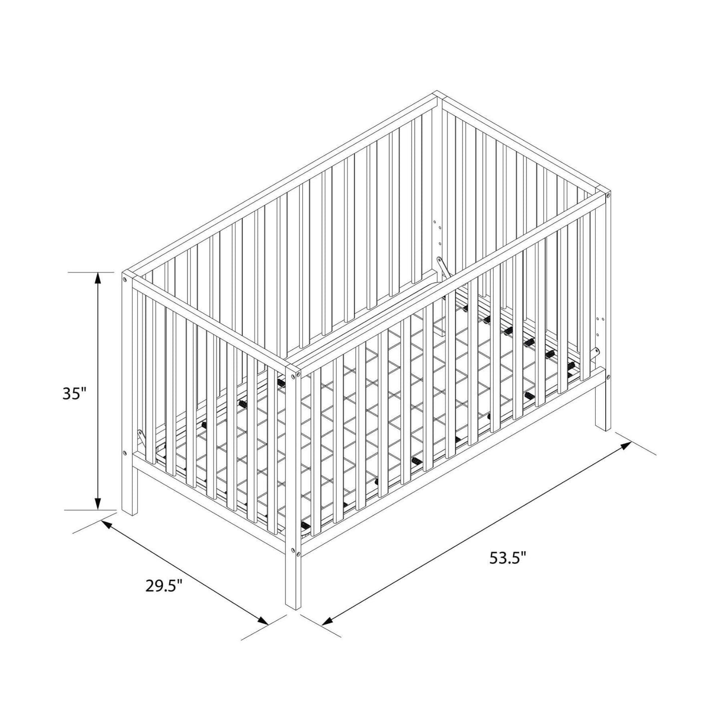 Dimensions of Ivey 3-in-1 Convertible Crib with measurements labeled