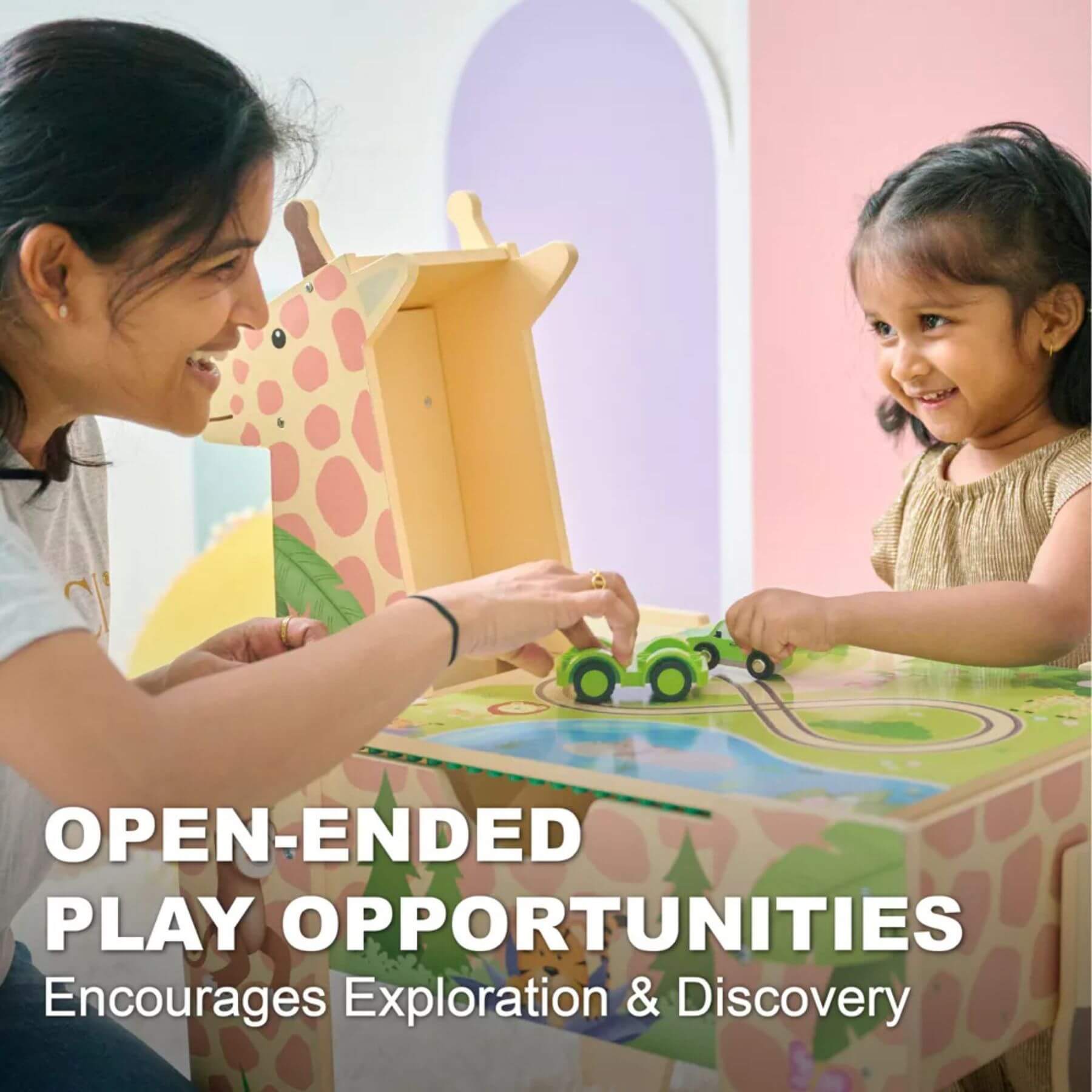 Woman and child playing with toys at Teamson Kids Jungle Giraffe 2-in-1 Wooden Activity Table