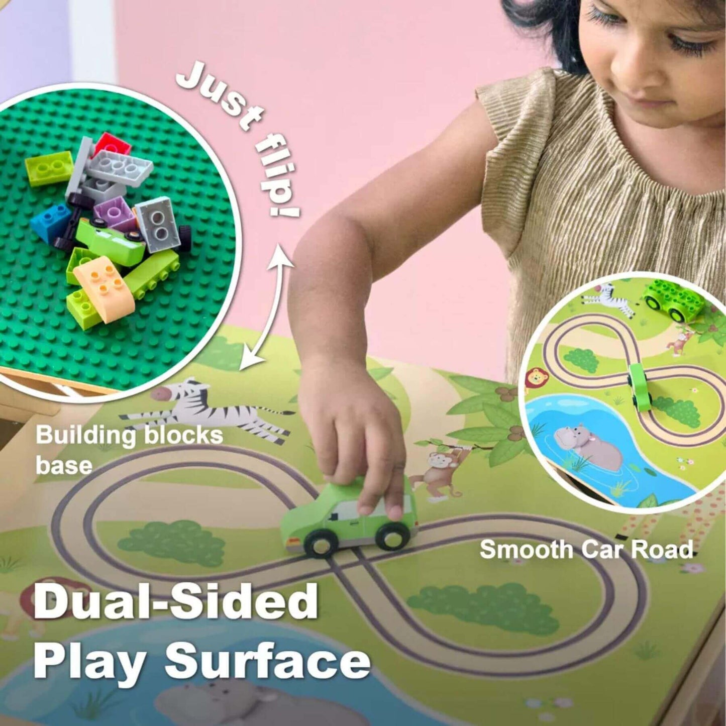 Child playing with a dual-sided play surface featuring building blocks and a car track.