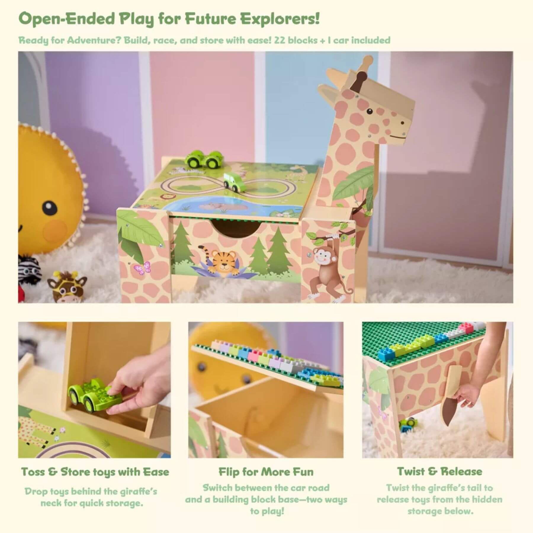 Teamson Kids Jungle Giraffe 2-in-1 Wooden Activity Table, surrounded by other toys, on a light background.