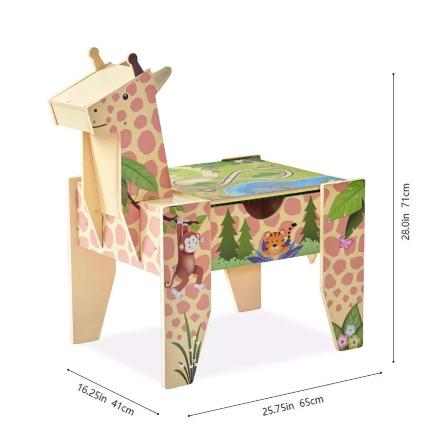 Teamson Kids Jungle Giraffe 2-in-1 Wooden Activity Table, including dimensions on a white background.