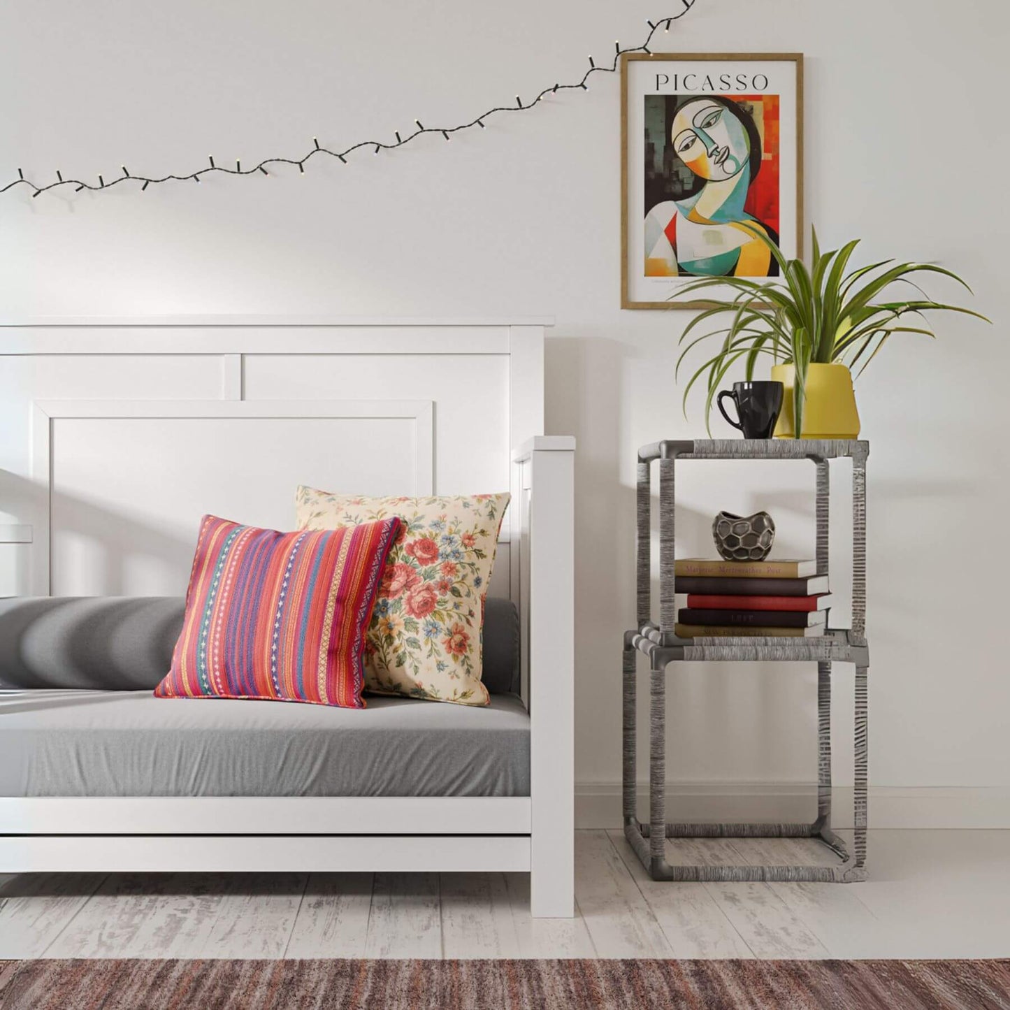 Milk Street Baby "Just White" OG 4-in-1 Convertible Crib, side table, and artwork on the wall.