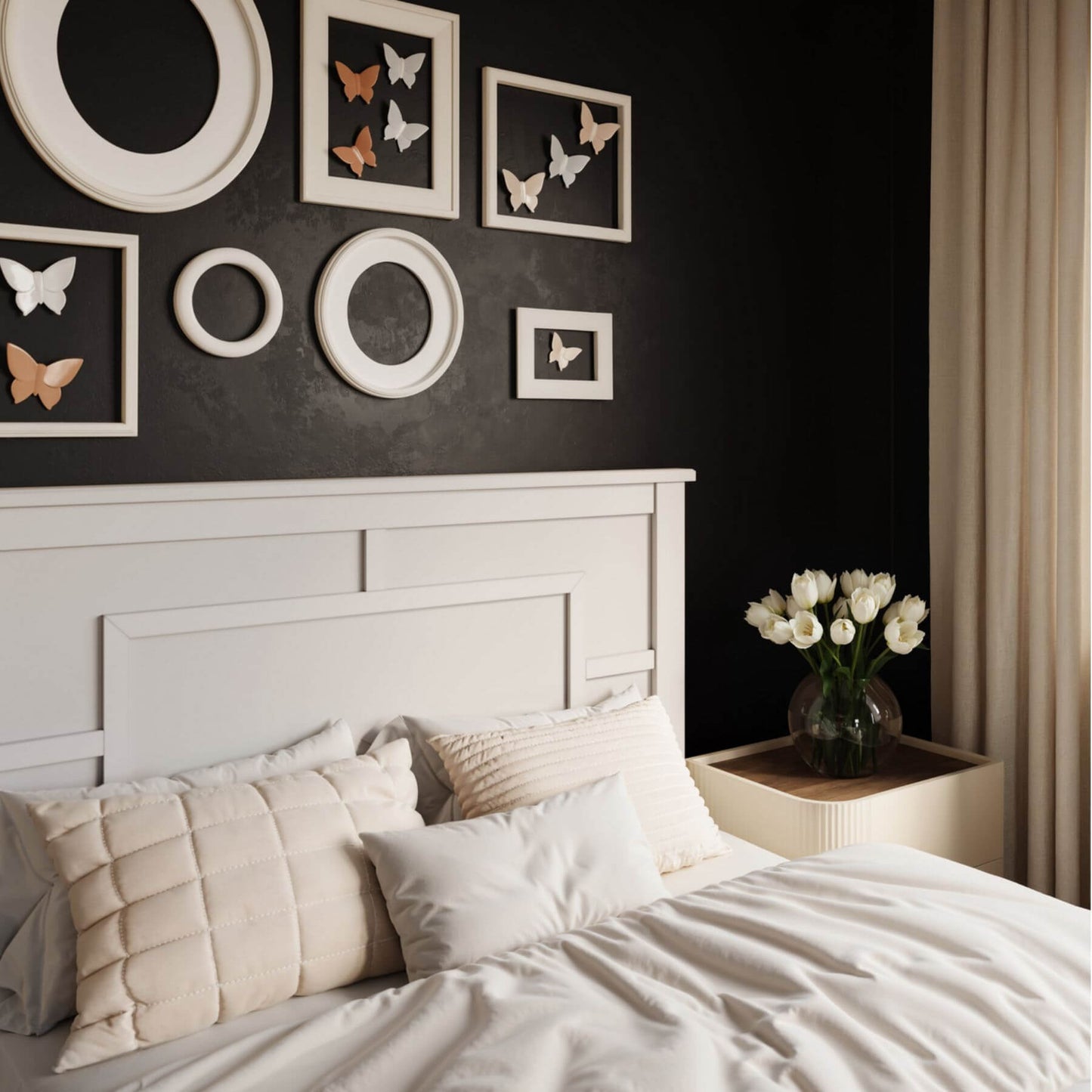 Bedroom with white bed, decorative pillows, and framed butterfly art on a dark wall.
