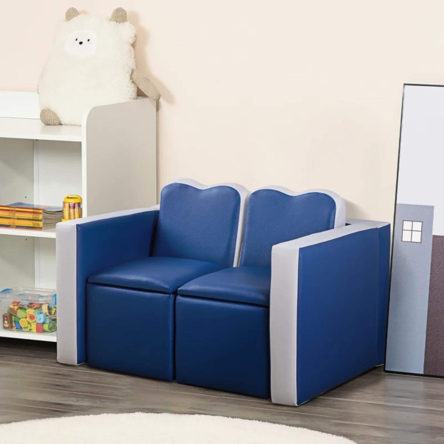 Qaba Kids 2-in-1 Multi-Functional Play Table & 2 Chair Set, Couch Storage Box, Blue
