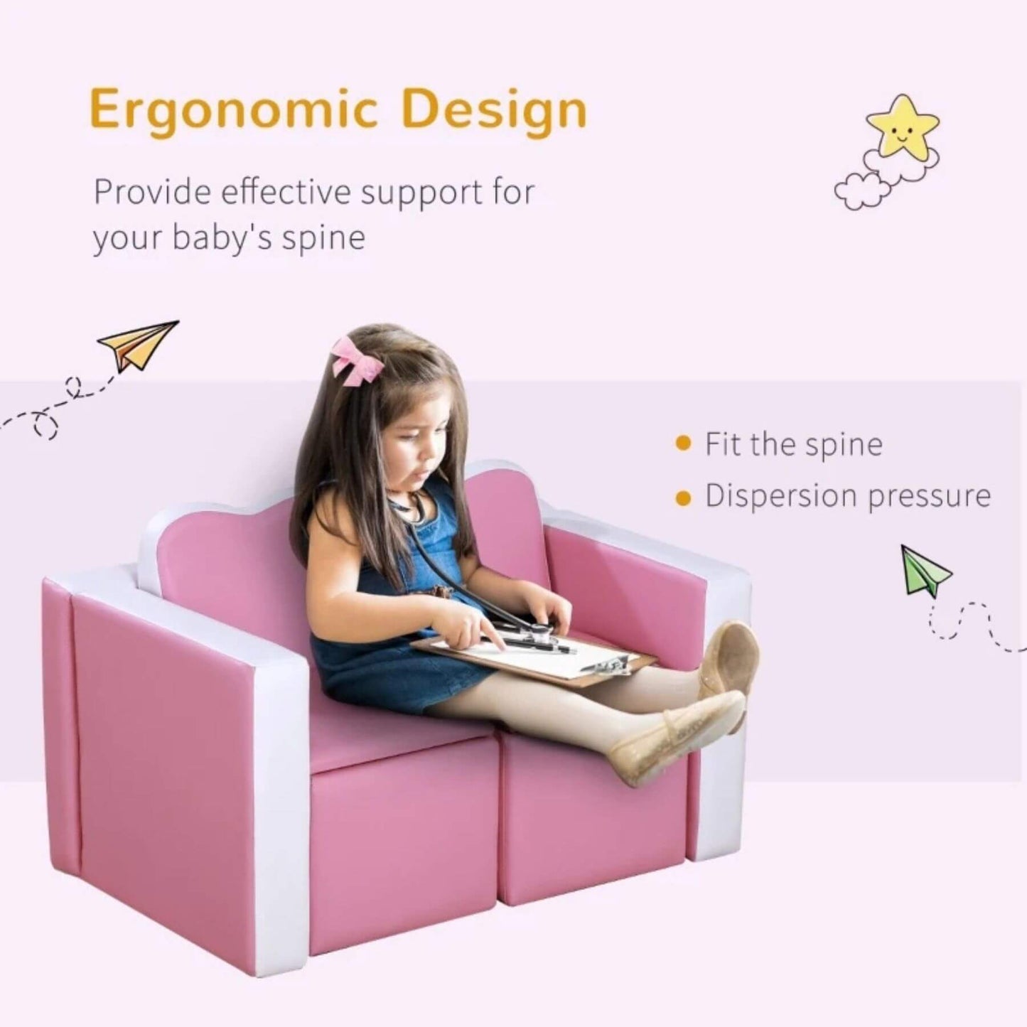 Girl Sitting on Qaba Kids 2-in-1 Multi-Functional Play Table & 2 Chair Set, Couch Storage Box, Pink