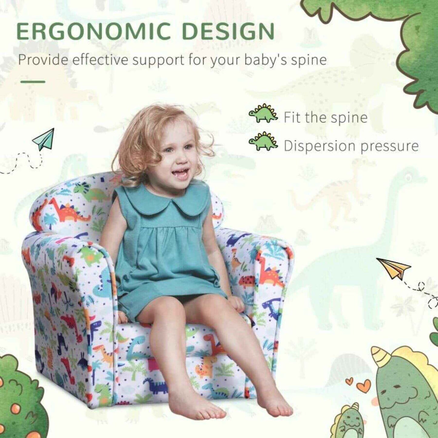 Girl Sitting on Qaba Kid's Armchair with Dinosaur Design and Thick Padding, Multi-Colored