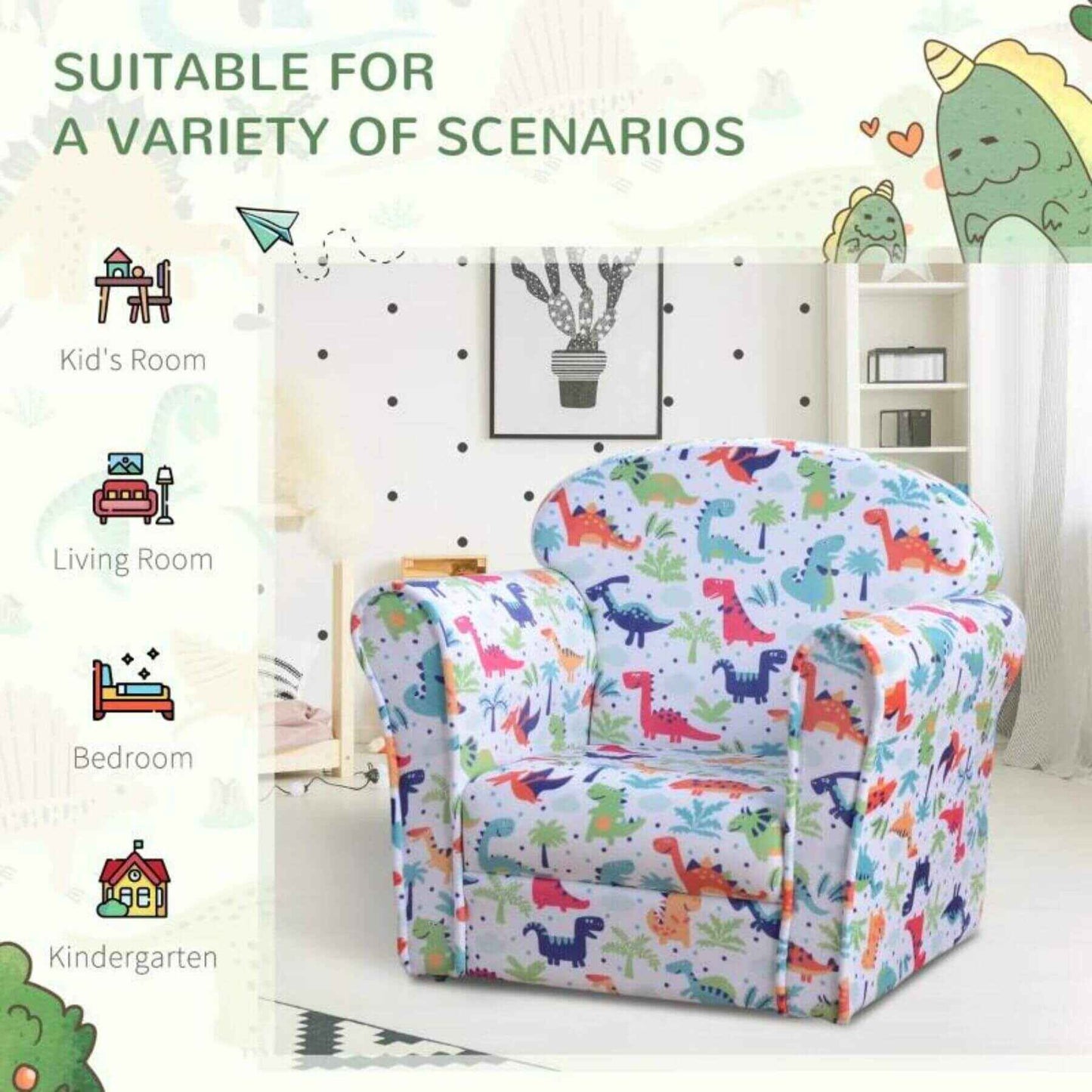 Qaba Kid's Armchair with Dinosaur Design and Thick Padding, Multi-Colored