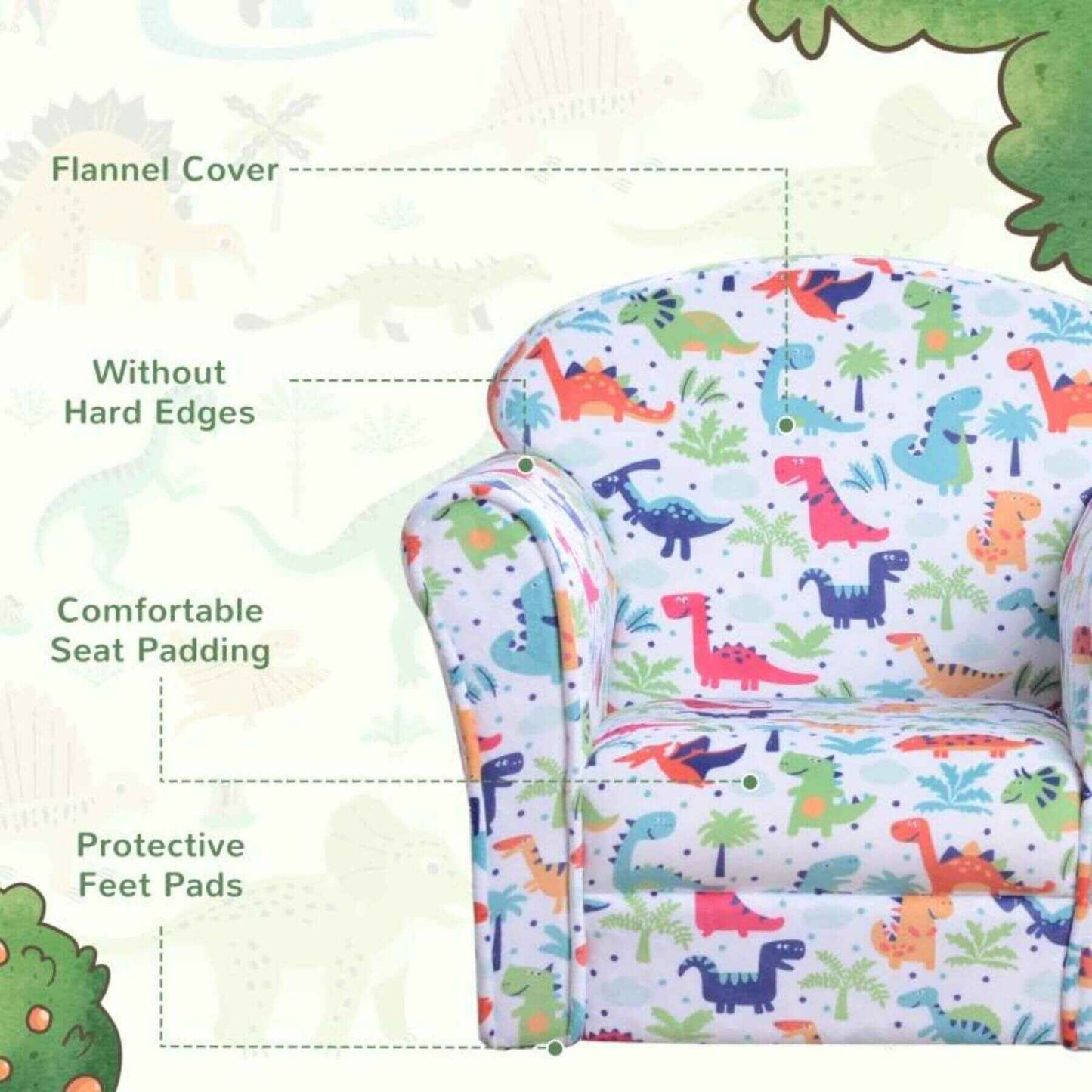 Qaba Kid's Armchair with Dinosaur Design and Thick Padding, Multi-Colored