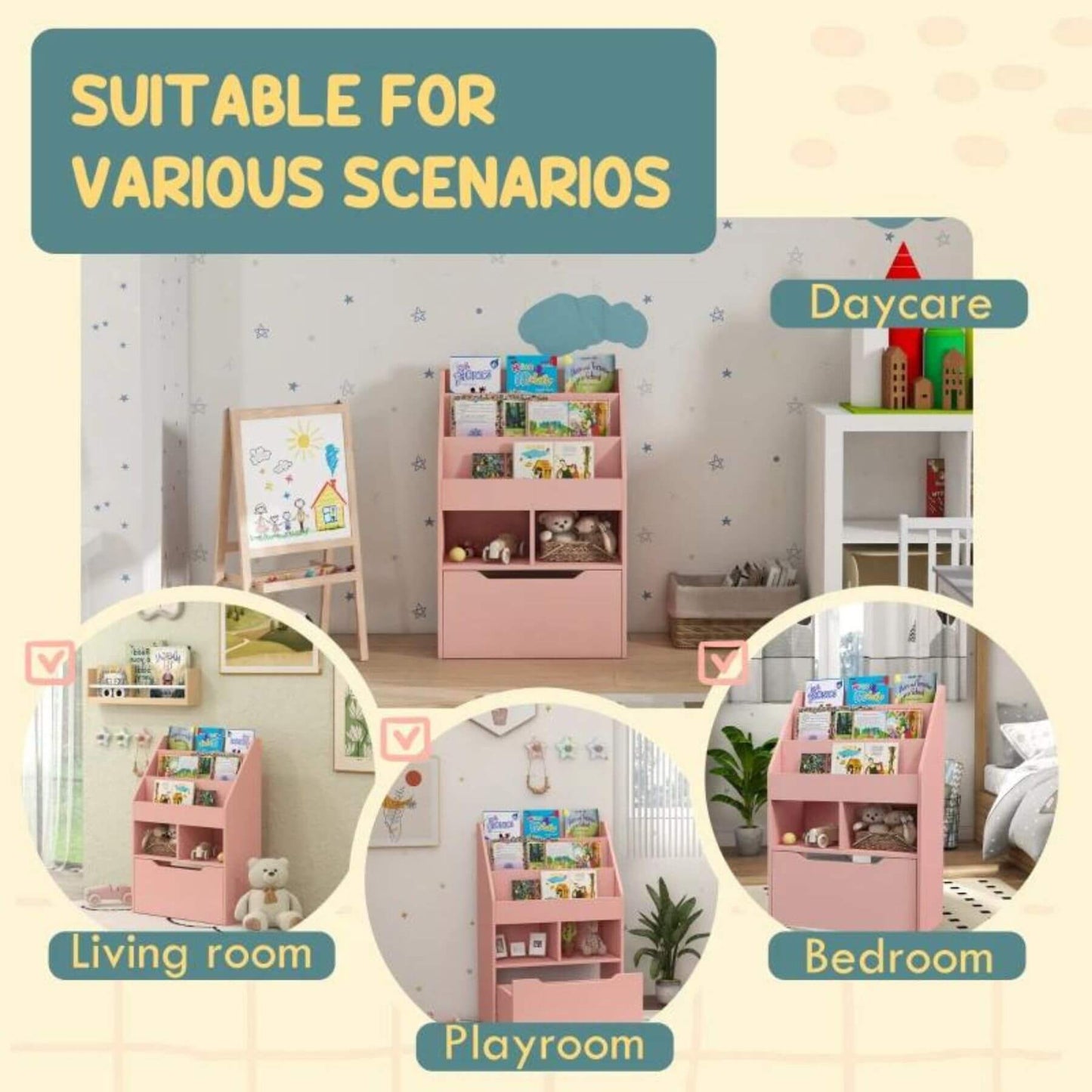HOMCOM Kids Bookcase Multi-Shelf Book Rack with Mobile Drawer Pink in Various Rooms