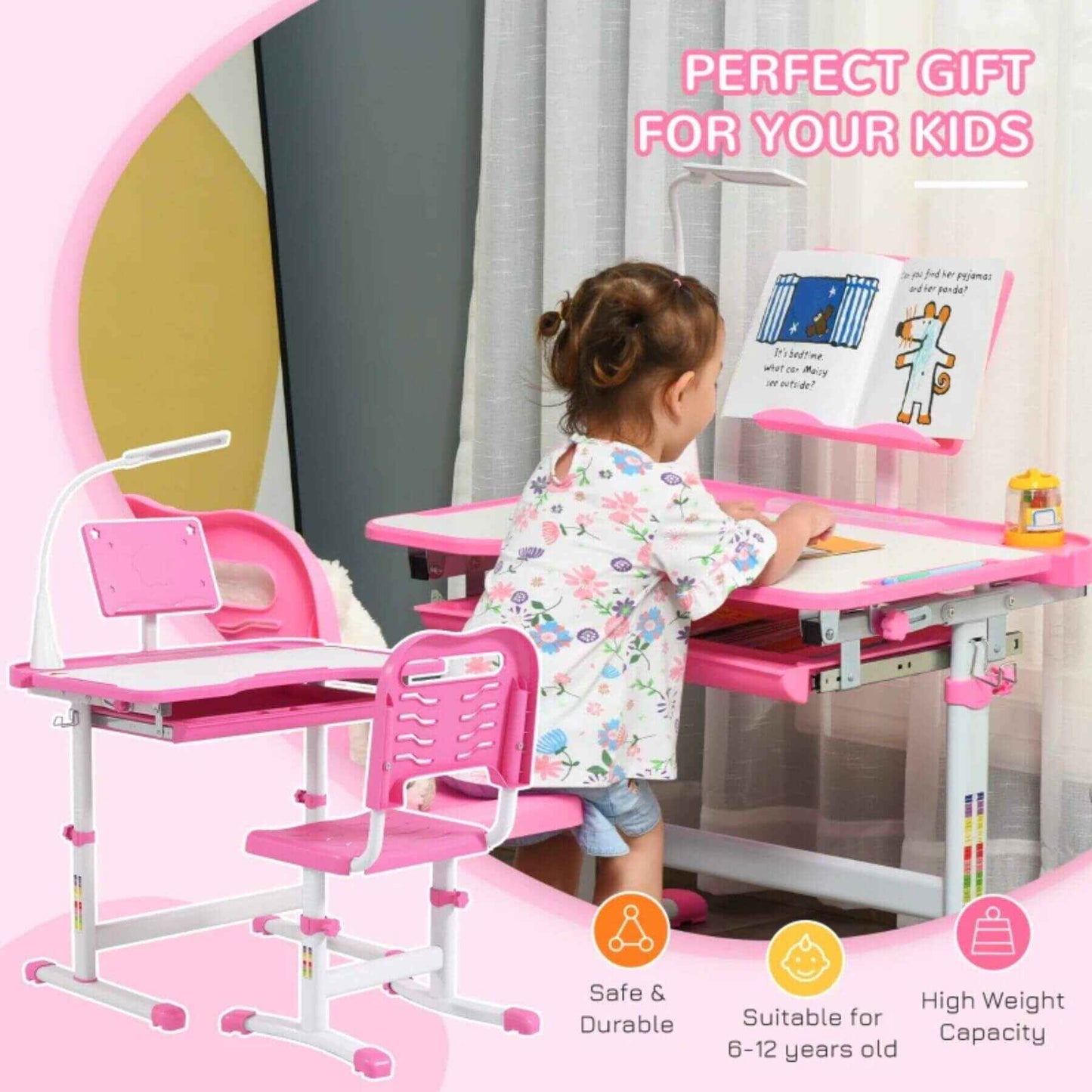 Girl Studying at Qaba Kids Desk and Chair Set with USB Light, Storage Drawer, Pink