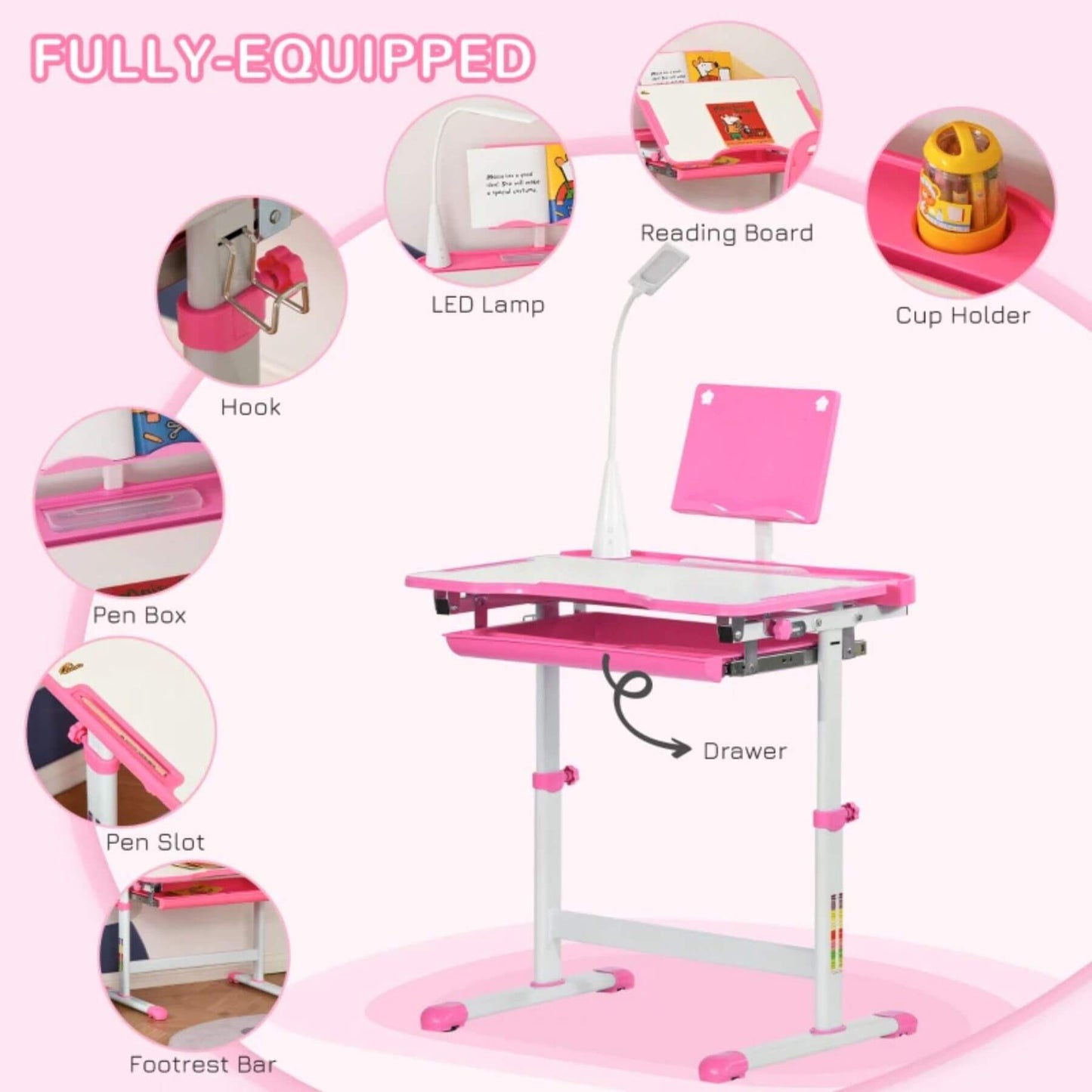 Details of Qaba Kids Desk and Chair Set with USB Light, Storage Drawer, Pink