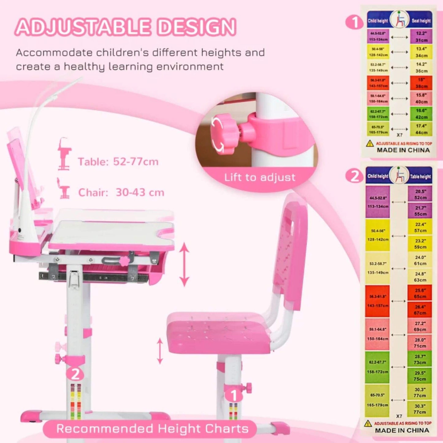 Detail of Qaba Kids Desk and Chair Set with USB Light, Storage Drawer, Pink
