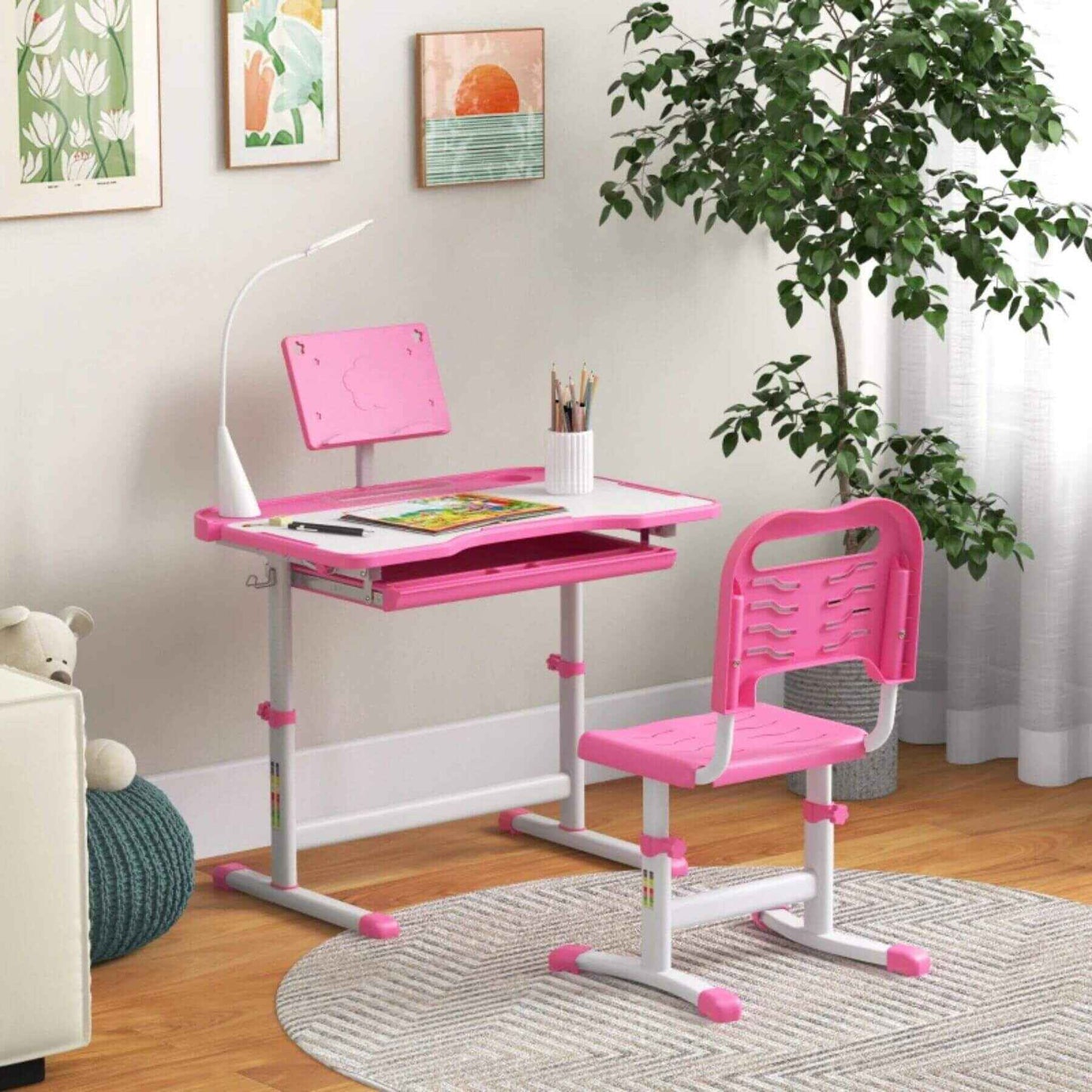 Qaba Kids Desk and Chair Set with USB Light, Storage Drawer, Pink
