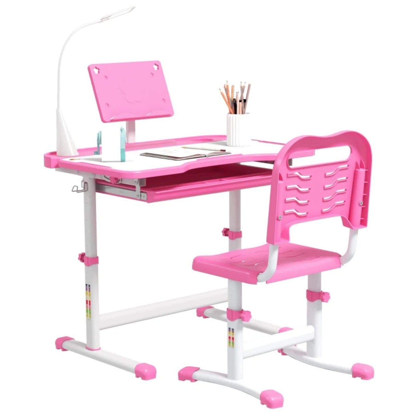 Qaba Kids Desk and Chair Set with USB Light, Storage Drawer, Pink