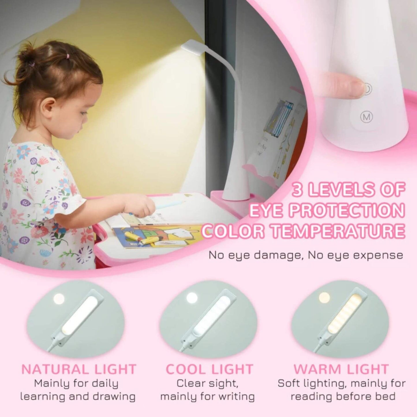 Girl Studying at Qaba Kids Desk and Chair Set with USB Light, Storage Drawer, Pink