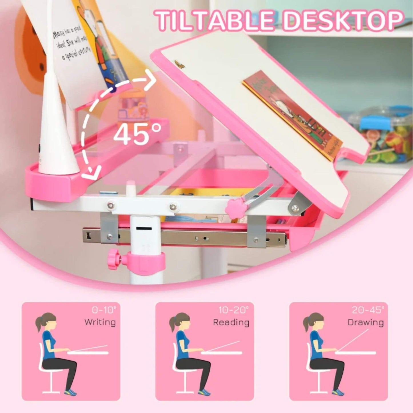 Detail of Qaba Kids Desk and Chair Set with USB Light, Storage Drawer, Pink