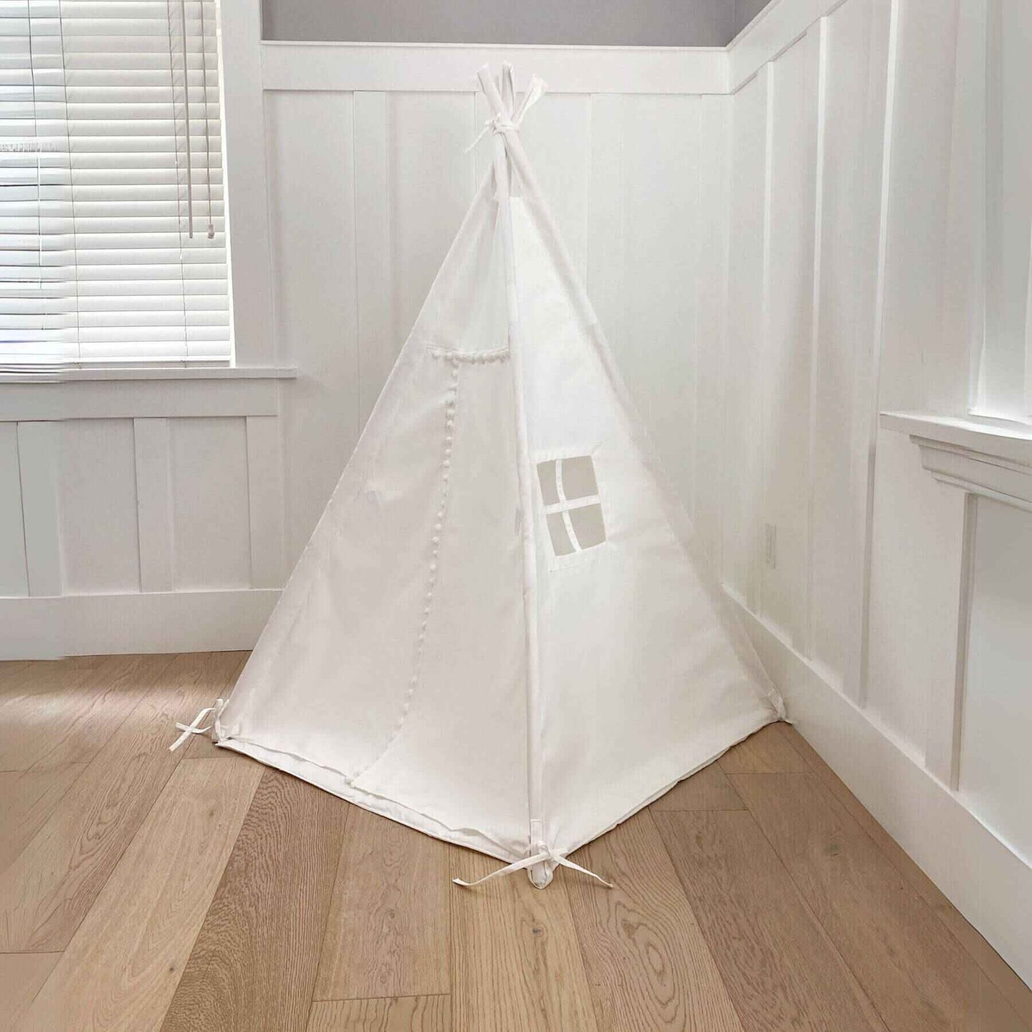 Domestic Objects Handmade Kids Play Tent in Cotton Canvas, White Pom Pom Trim