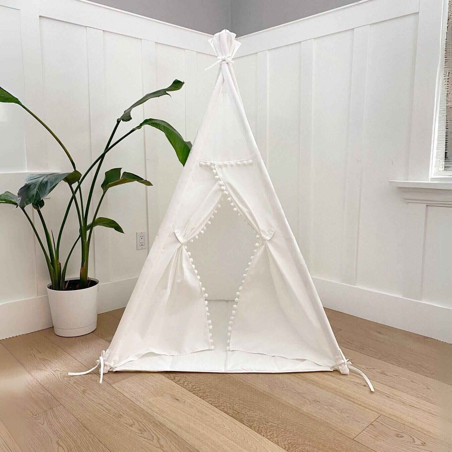 Domestic Objects Handmade Kids Play Tent in Cotton Canvas, White Pom Pom Trim