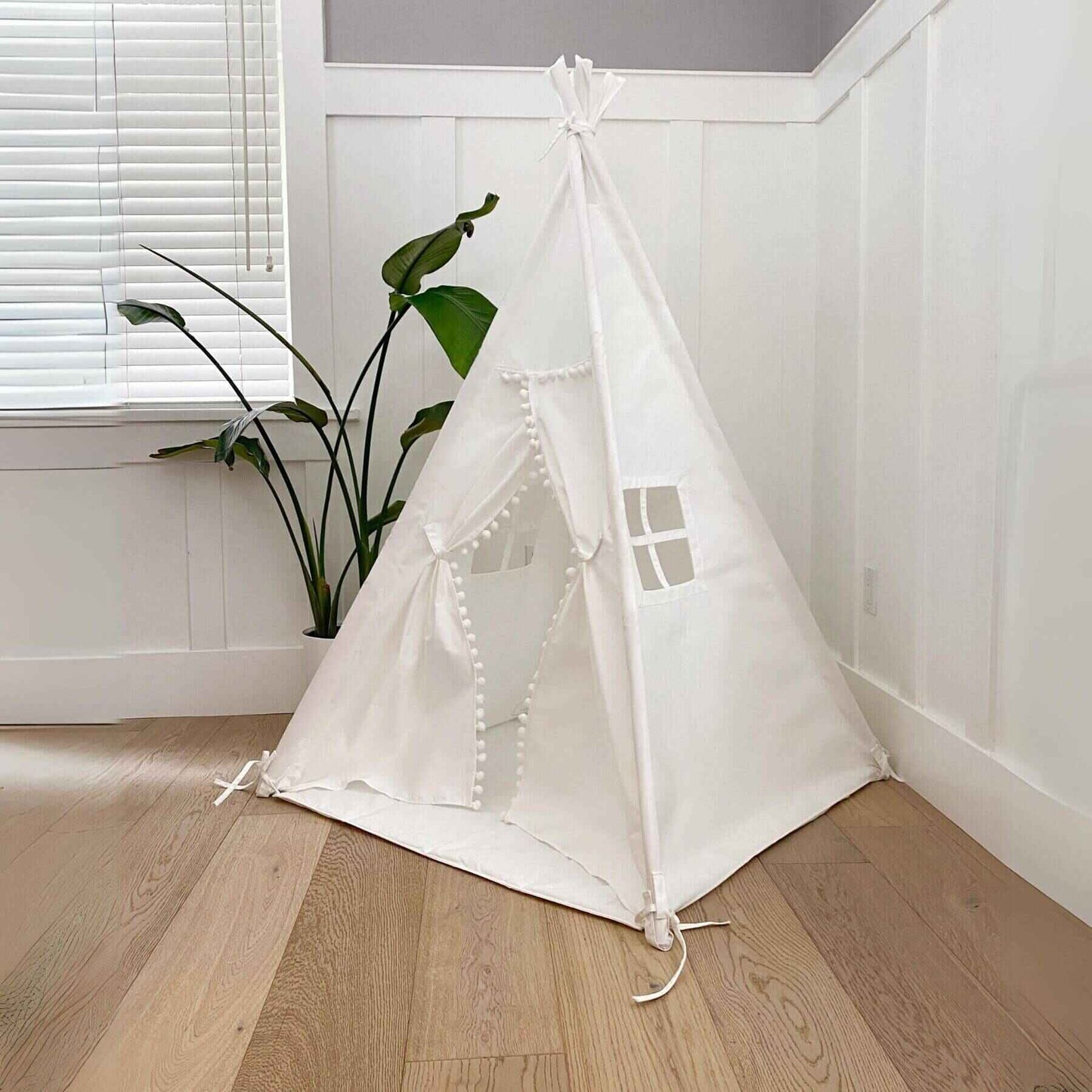 Domestic Objects Handmade Kids Play Tent in Cotton Canvas, White Pom Pom Trim