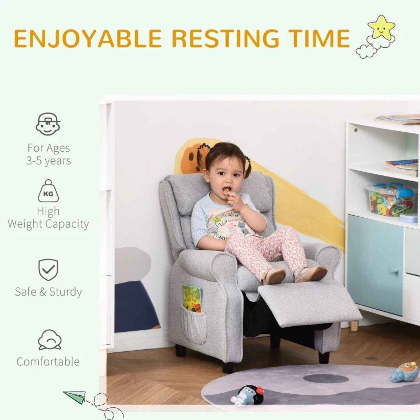 Girl Sitting on Qaba Kids Recliner Chair Children Sofa Angle Adjustable Single Lounger Light Grey
