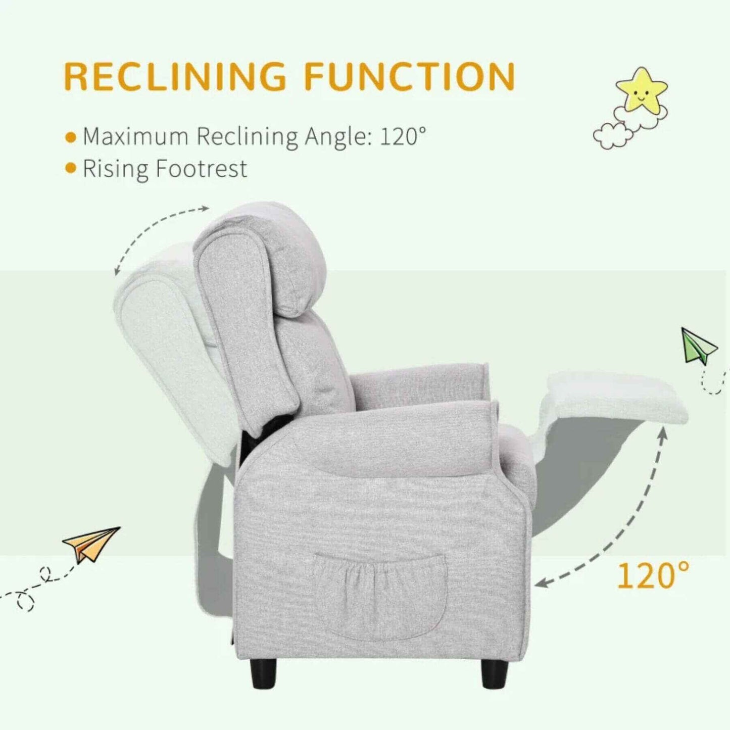 Side View of Qaba Kids Recliner Chair Children Sofa Angle Adjustable Single Lounger Light Grey