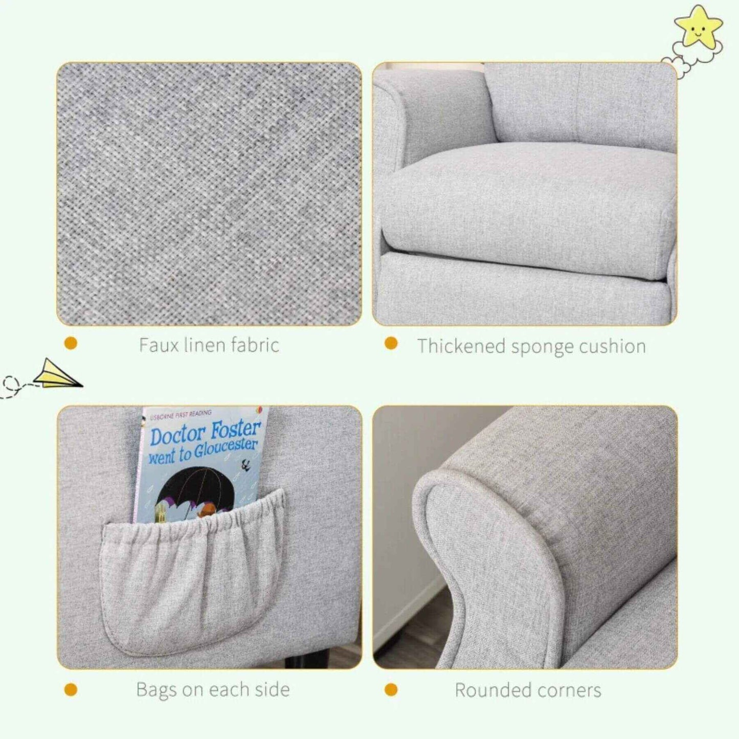 Detail of Qaba Kids Recliner Chair Children Sofa Angle Adjustable Single Lounger Light Grey