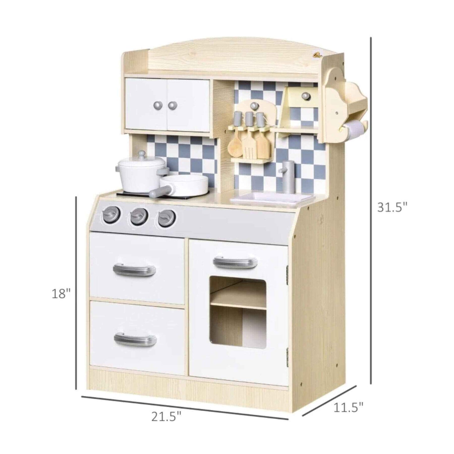 Qaba Kids Wooden Play Kitchen Set, Drawers, Faucet, Sink, Pots, Natural Wood