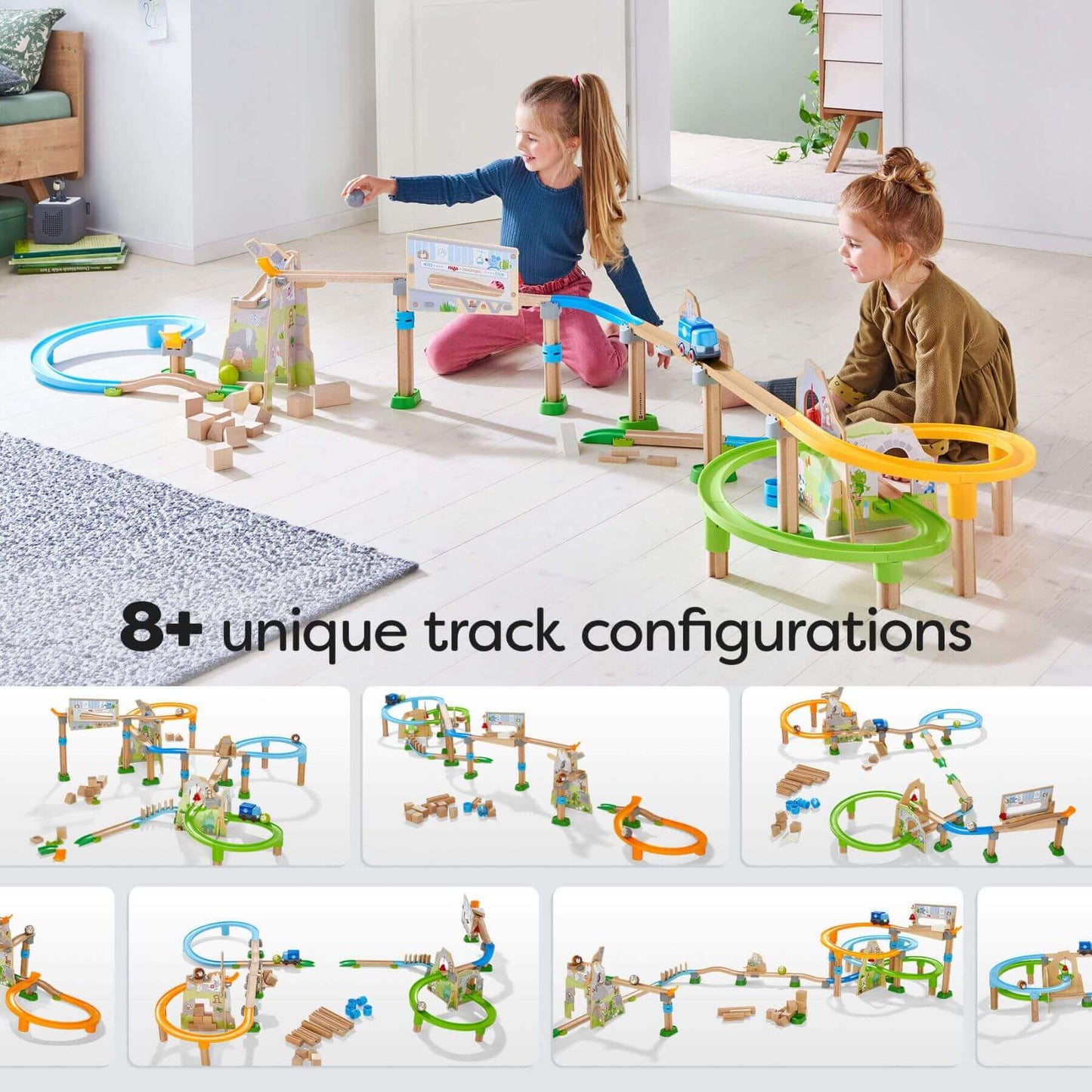 Children playing with HABA USA Kullerbu Mountain Adventure Track Set in a room with '8+ unique track configurations' text.
