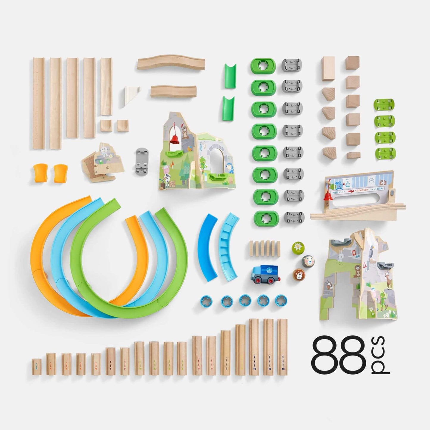 Assorted wooden toy train tracks and pieces