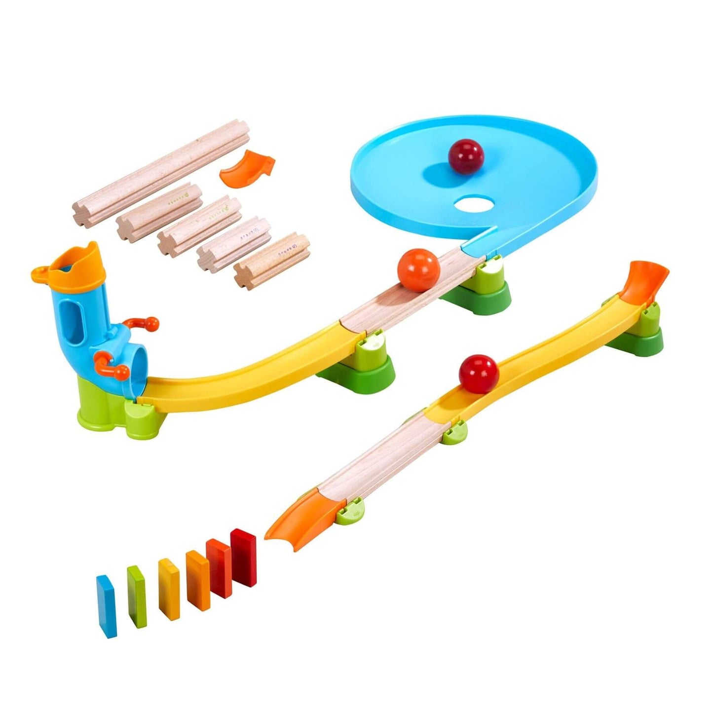 Colorful marble run toy set with various components