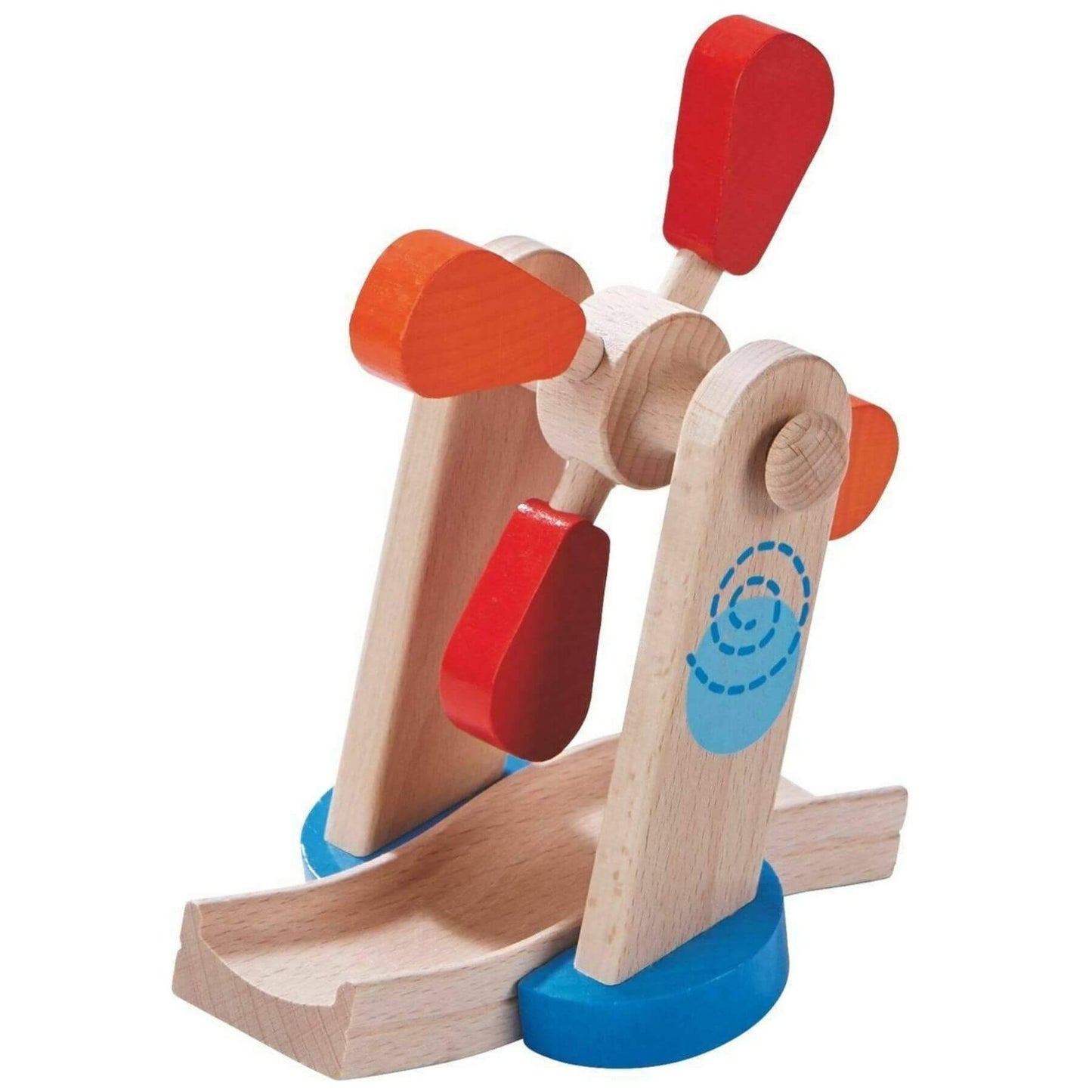 Wooden toy with red and blue components on a white background