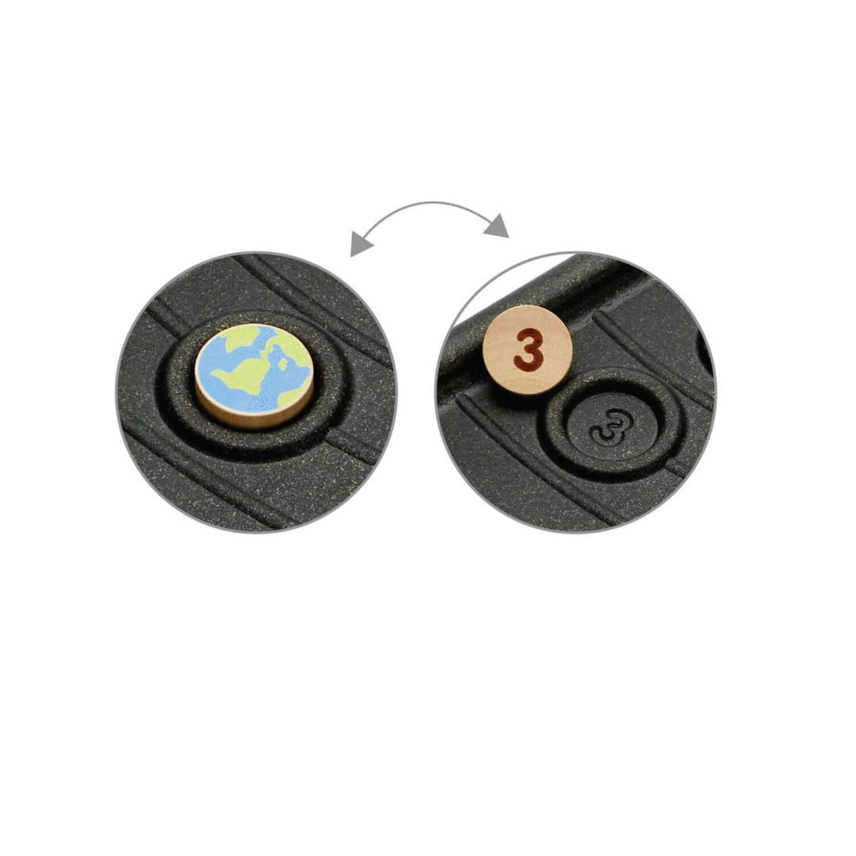 Two black circular objects with a blue and green symbol and a number three on a white background.