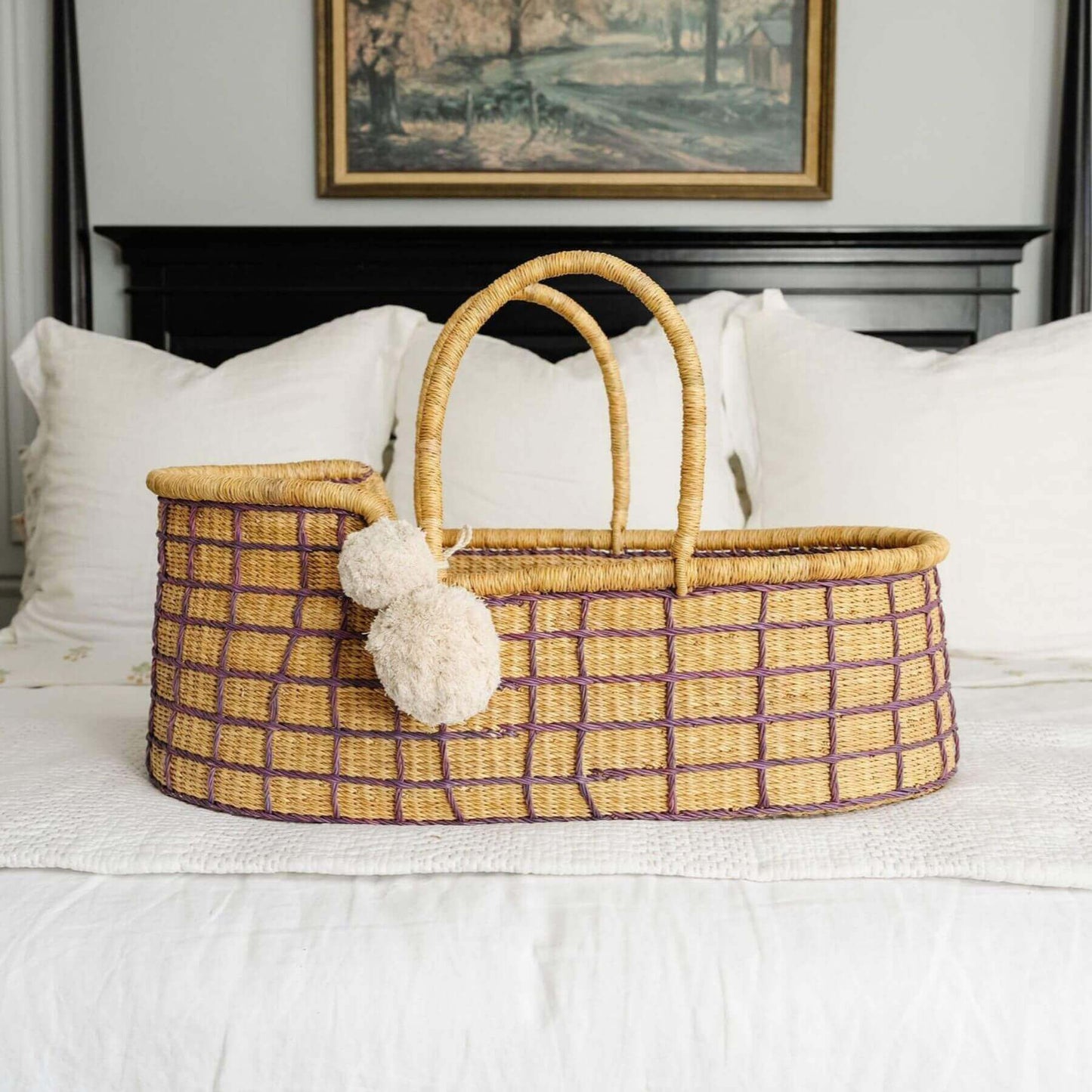 Lavender Grid African Moses Basket Vegan Handle on a bed