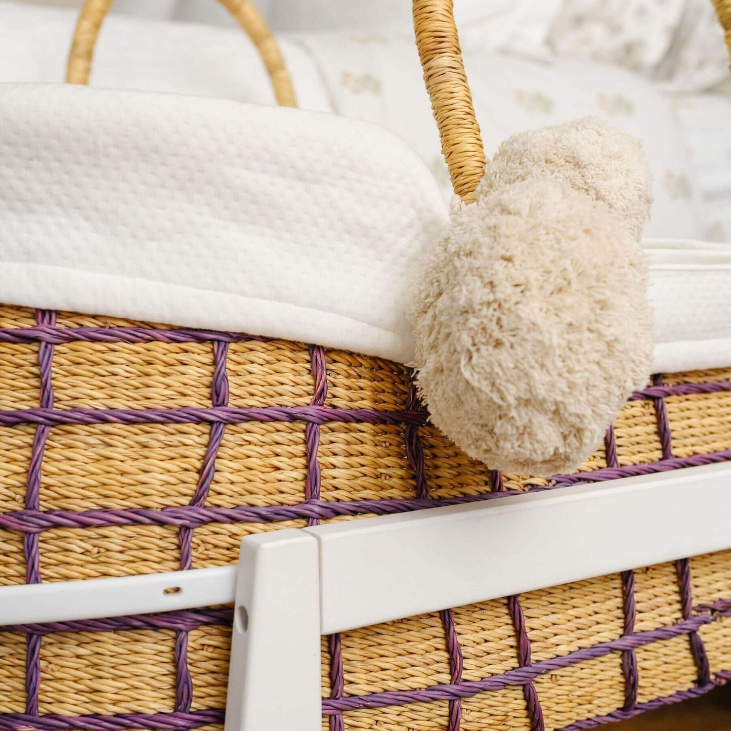 Close-up of Lavender Grid African Moses Basket Vegan Handle