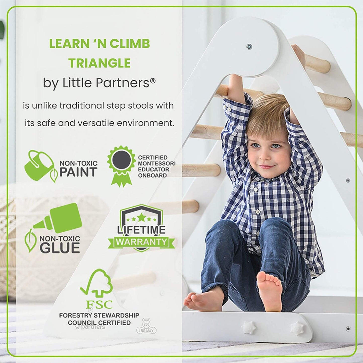 Boy Playing on Little Partners Learn 'N Climb Triangle Natural & White