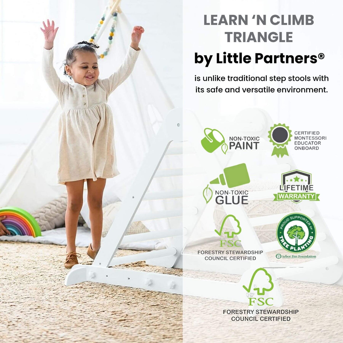 Girl Standing next to Little Partners Learn 'N Climb Triangle White
