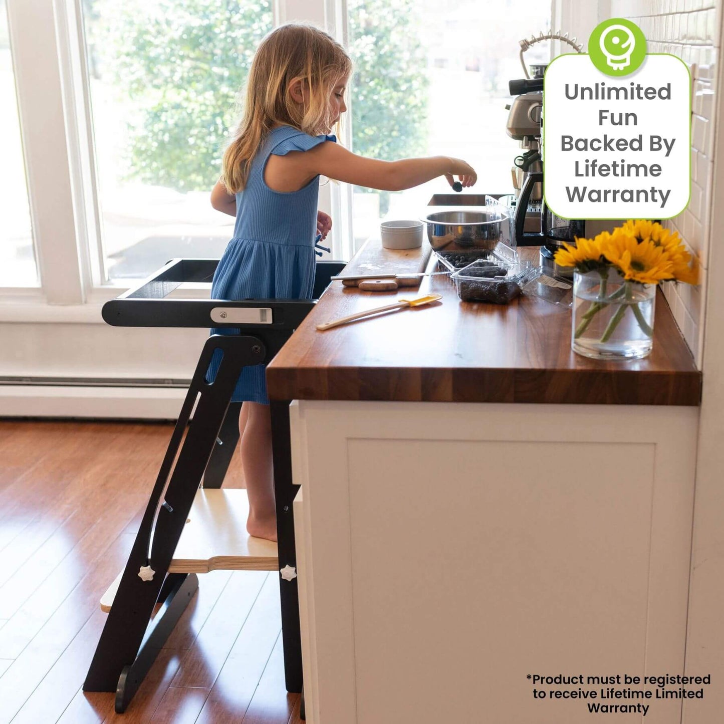 Girl Standing on Little Partners Learn 'N Fold Learning Tower Charcoal & Natural, Cooking