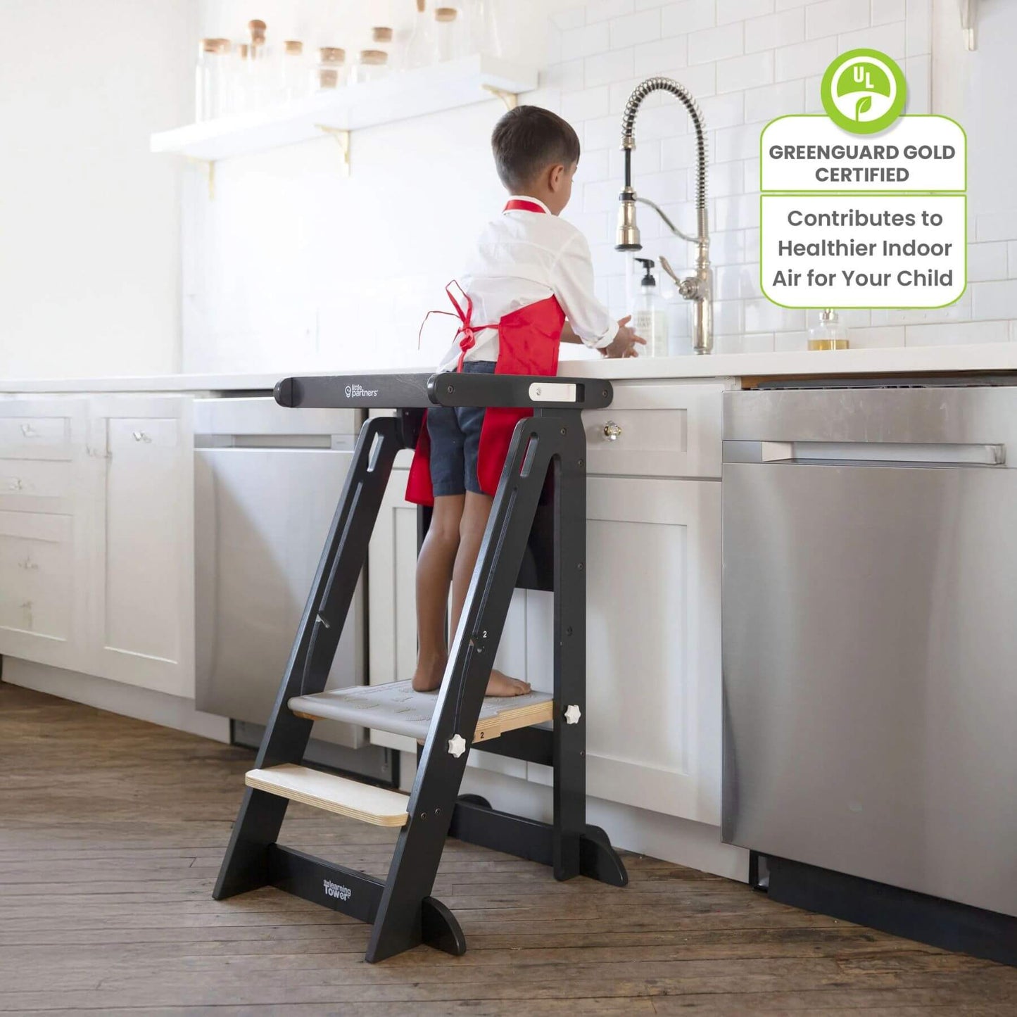 Boy Standing on Little Partners Learn 'N Fold Learning Tower Charcoal & Natural, Washing Hands