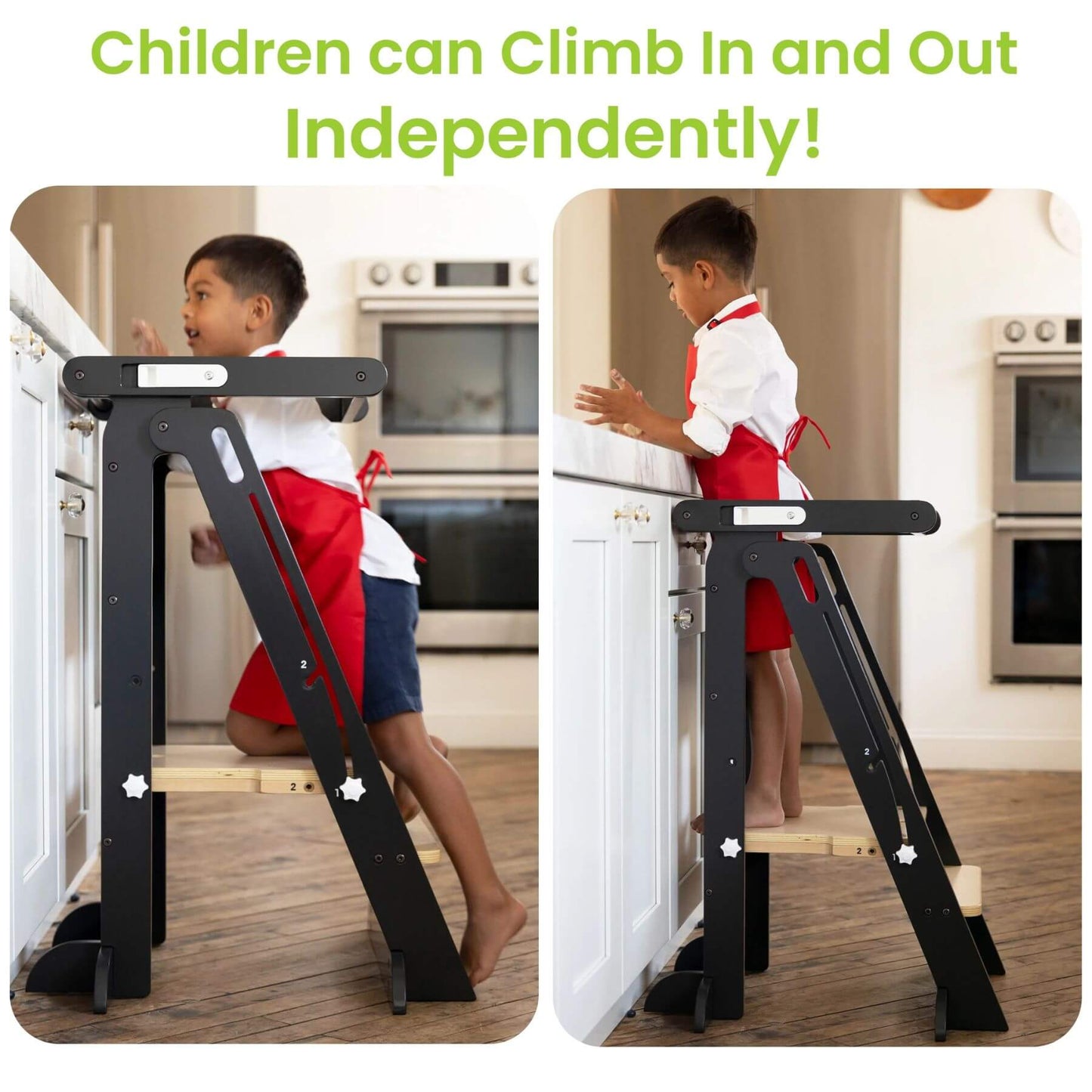 Boy Standing on Little Partners Learn 'N Fold Learning Tower Charcoal & Natural