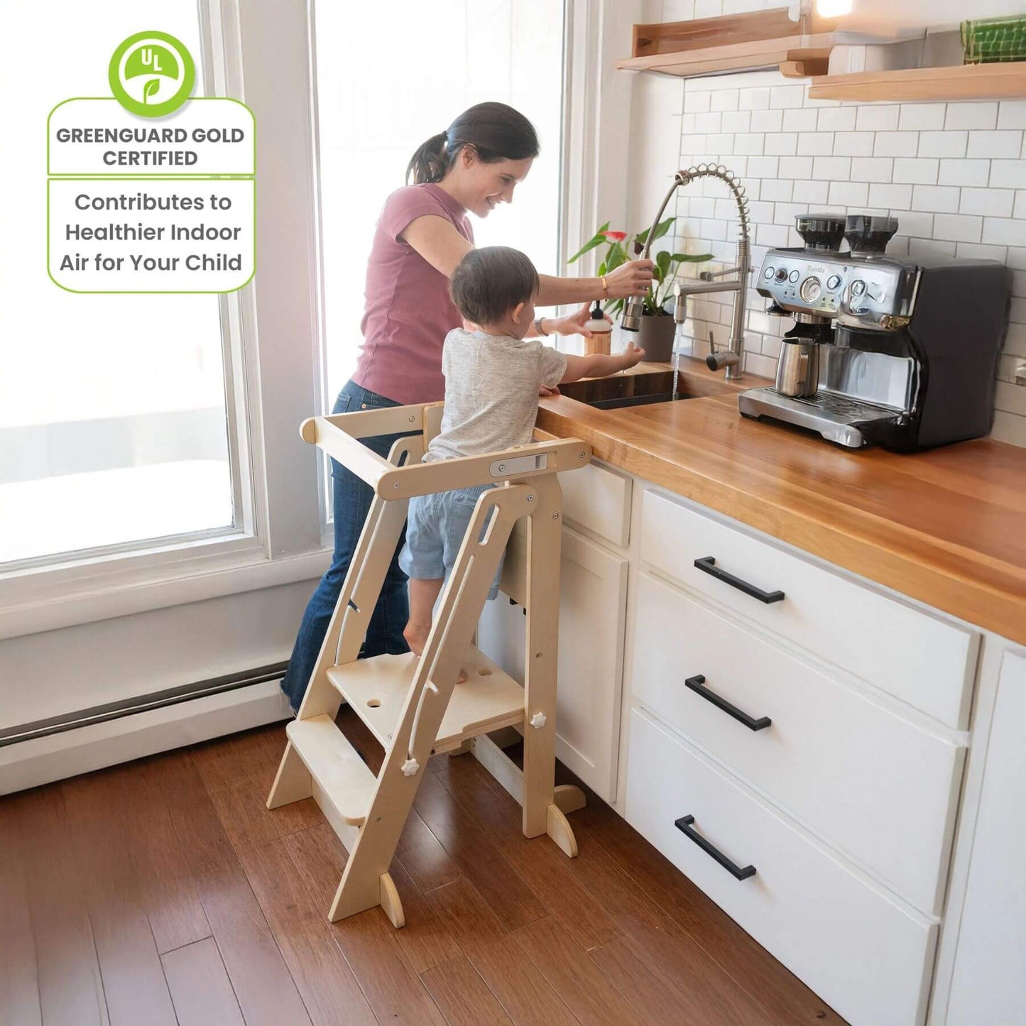 Boy Standing on Little Partners Learn 'N Fold Learning Tower Natural, Washing Hands with the help from Mom