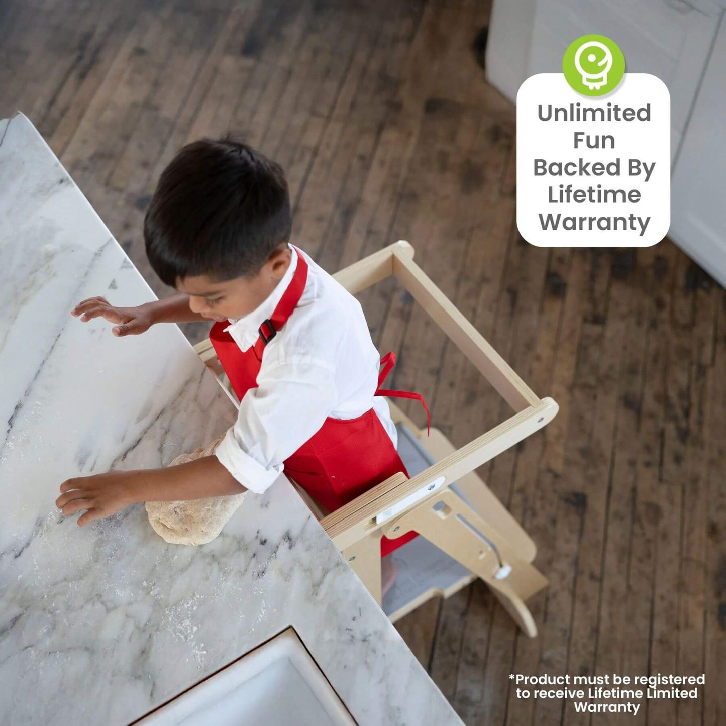 Boy Standing on Little Partners Learn 'N Fold Learning Tower Natural, Pretend Cook