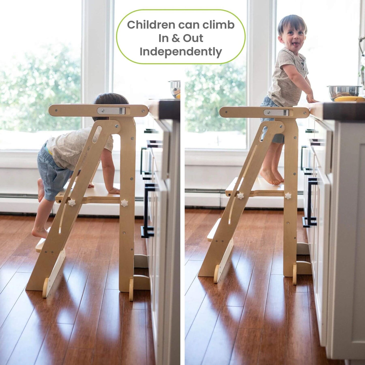 Boy Standing on Little Partners Learn 'N Fold Learning Tower Natural