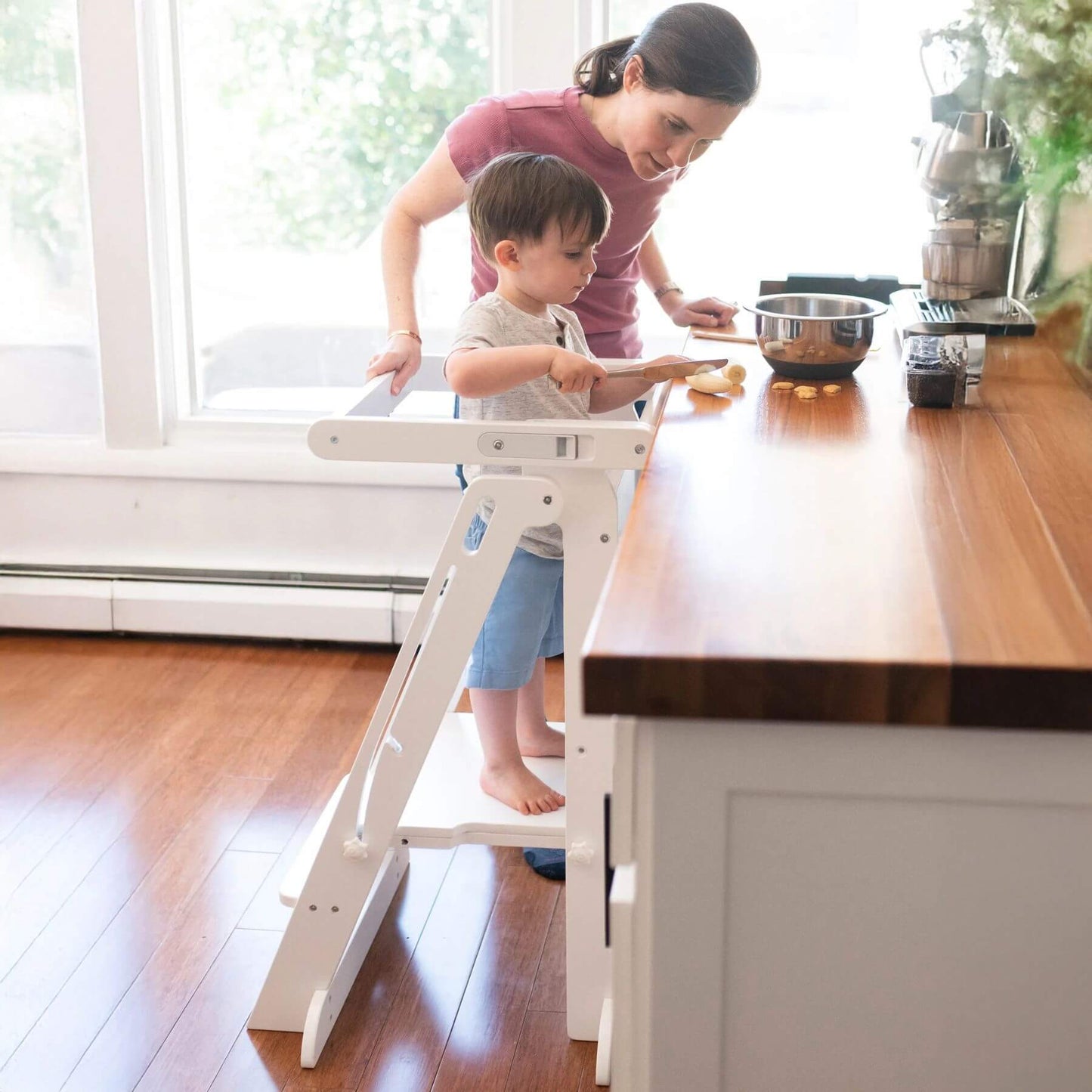Boy Standing on Little Partners Learn 'N Fold Learning Tower White, Help Mom with Cook