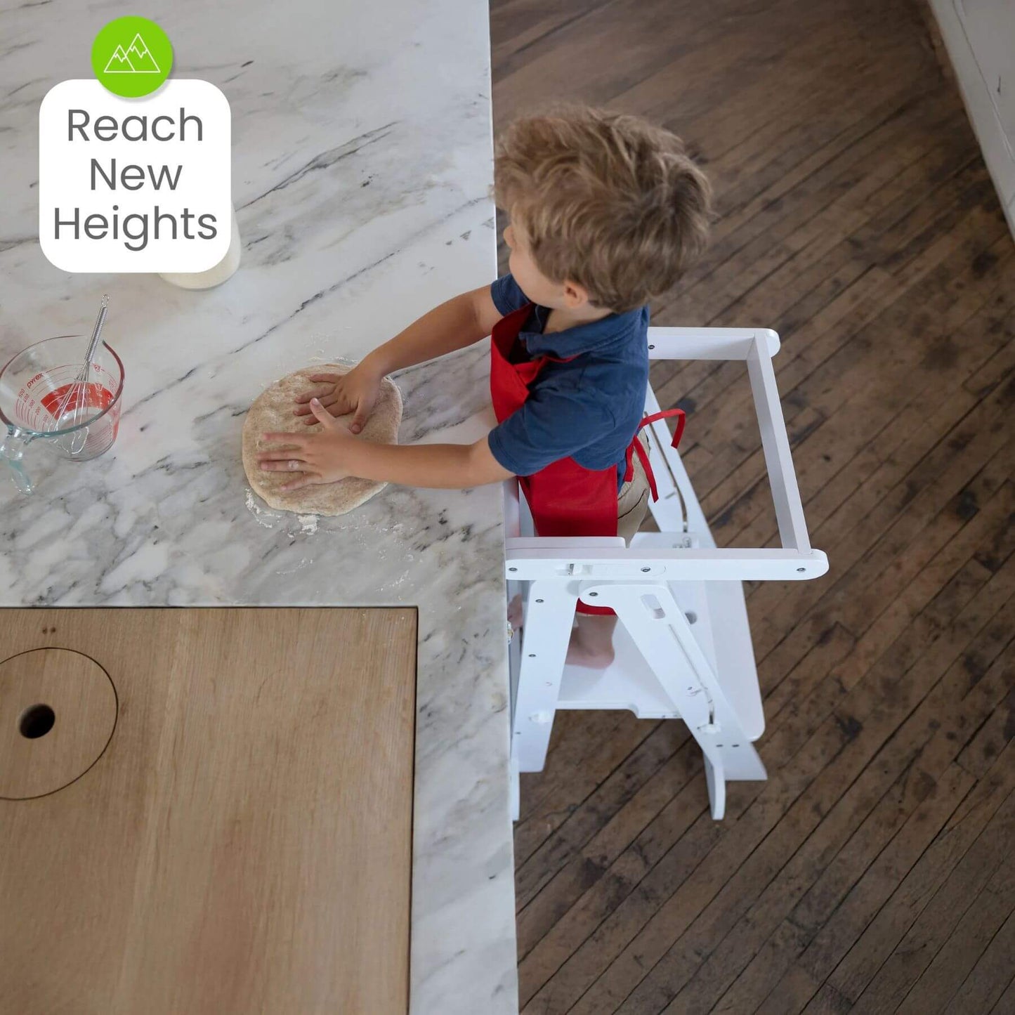 Boy Standing on Little Partners Learn 'N Fold Learning Tower White, Cooking