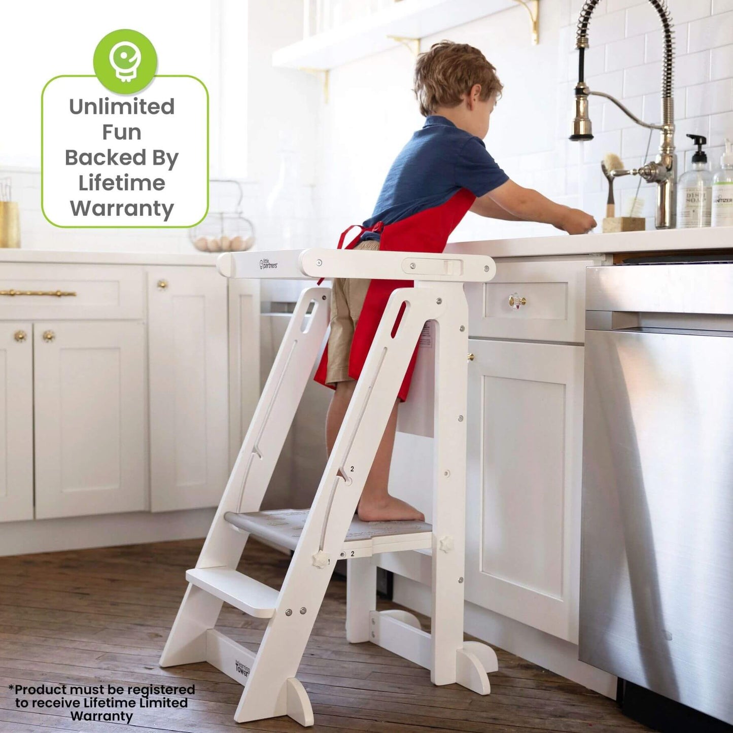 Boy Standing on Little Partners Learn 'N Fold Learning Tower White, Washing Hands