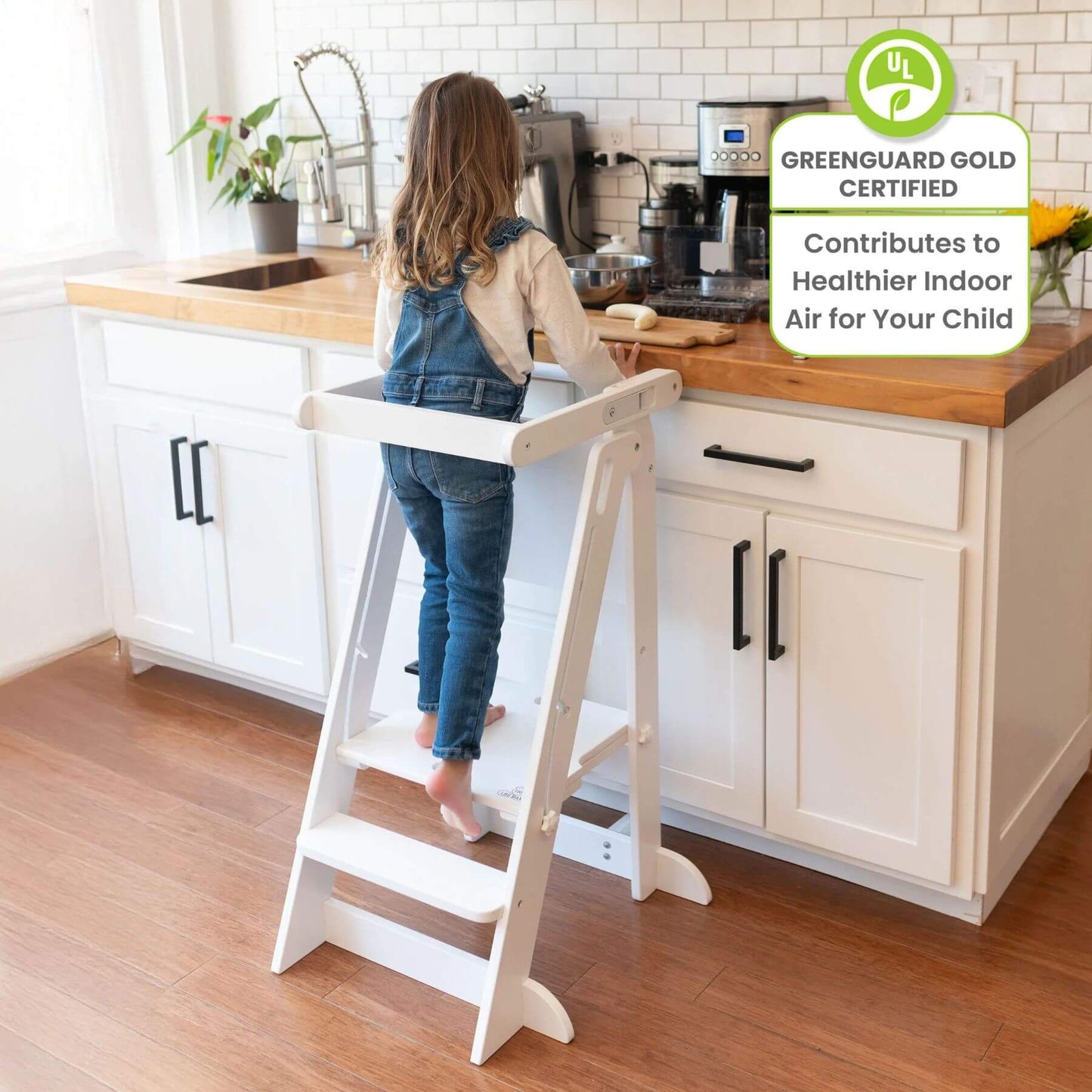 Girl Standing on Little Partners Learn 'N Fold Learning Tower White, Cooking